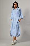 Blue and White striped linen dress for women – stylish summer holiday dress and elegant formal wear option. 