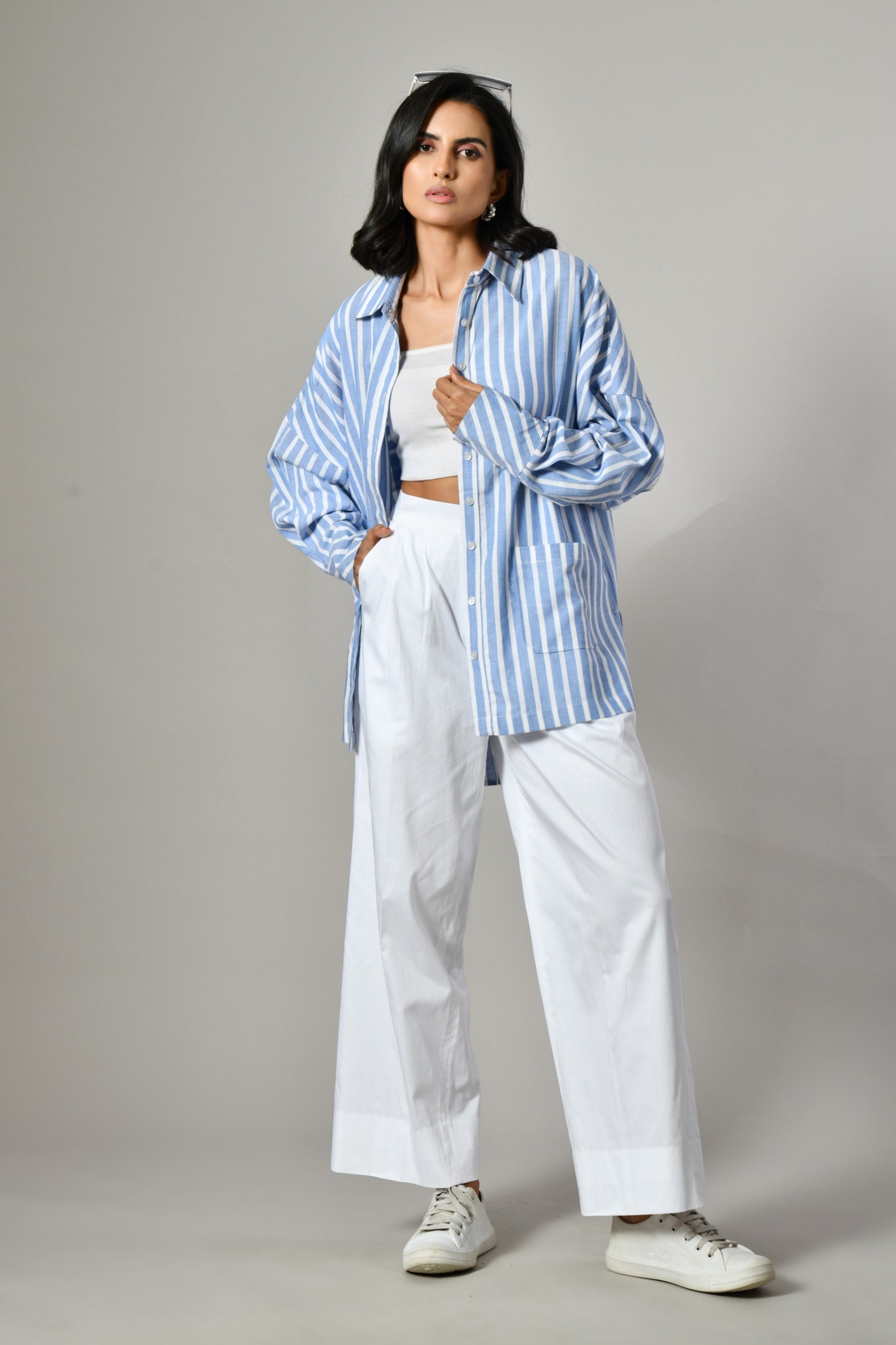 Summer stripe shirt online – blue and white two-pocket shirt for women, designer casual wear and partywear style. 