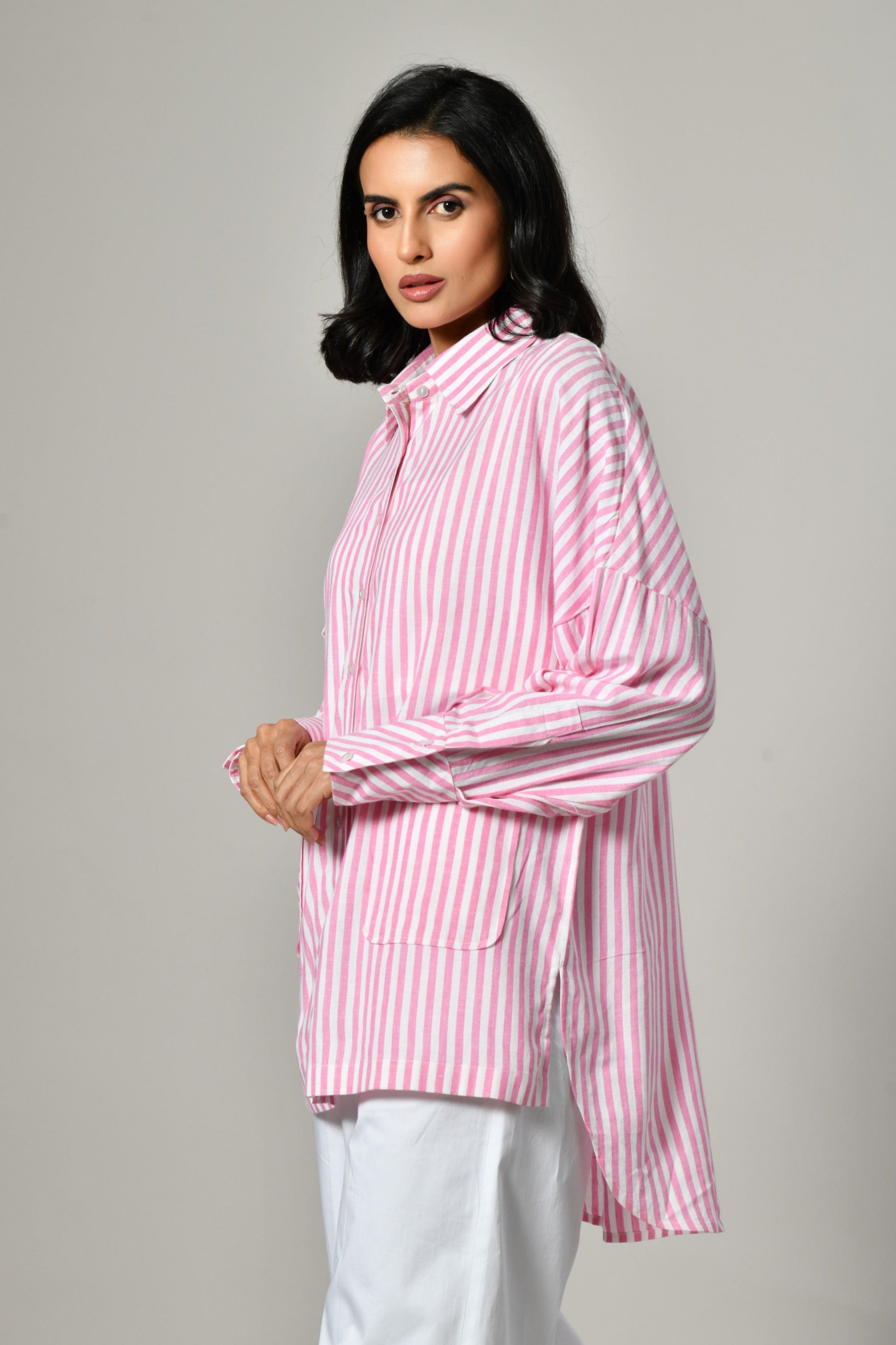 Pink office wear shirt with long sleeves – designer summer shirt for women, also perfect for casual outings. 
