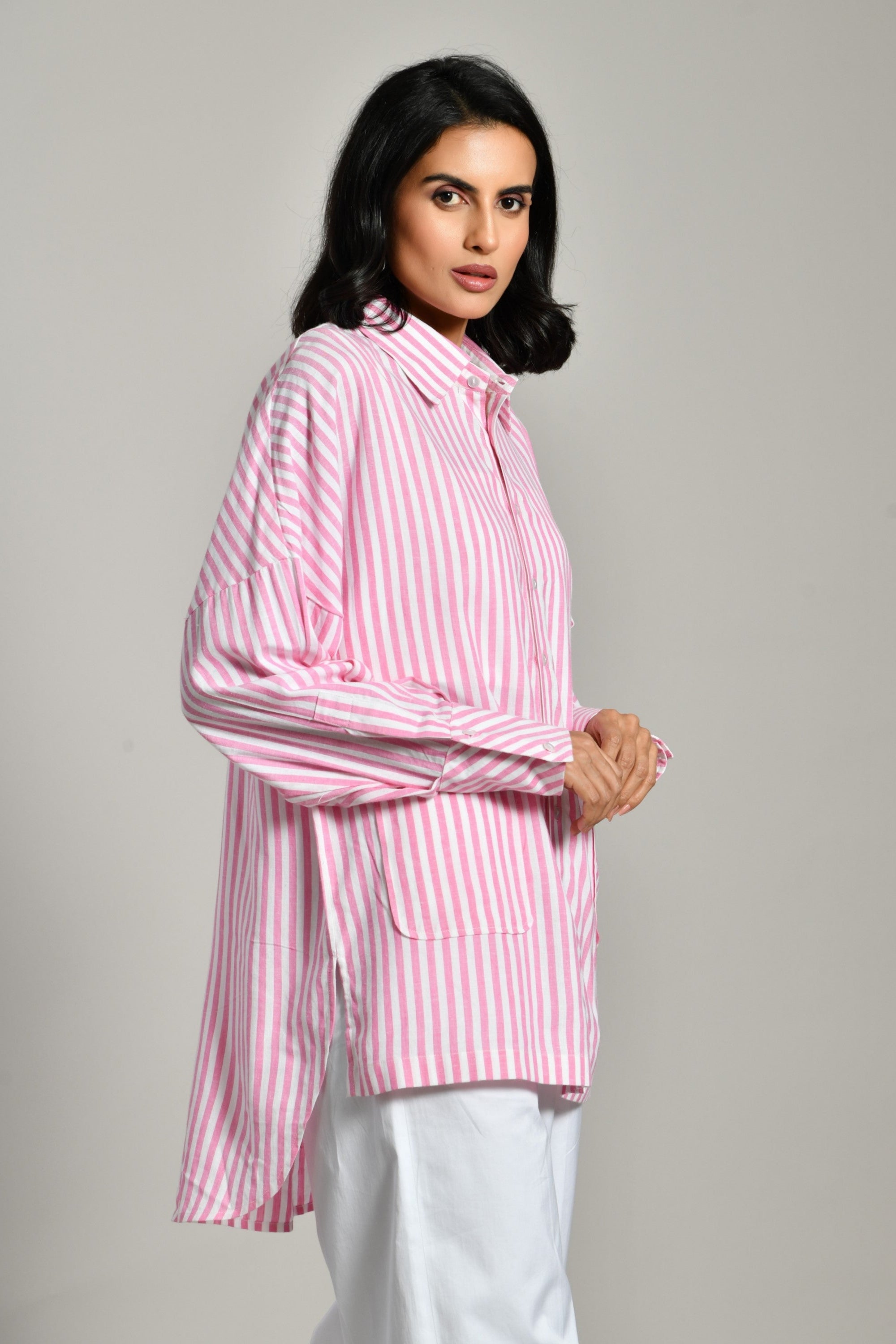 Embellished pink shirt for women – linen partywear with stylish two-pocket design and Zara-inspired look. 