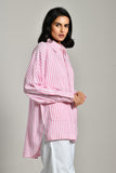 Embellished pink shirt for women – linen partywear with stylish two-pocket design and Zara-inspired look. 