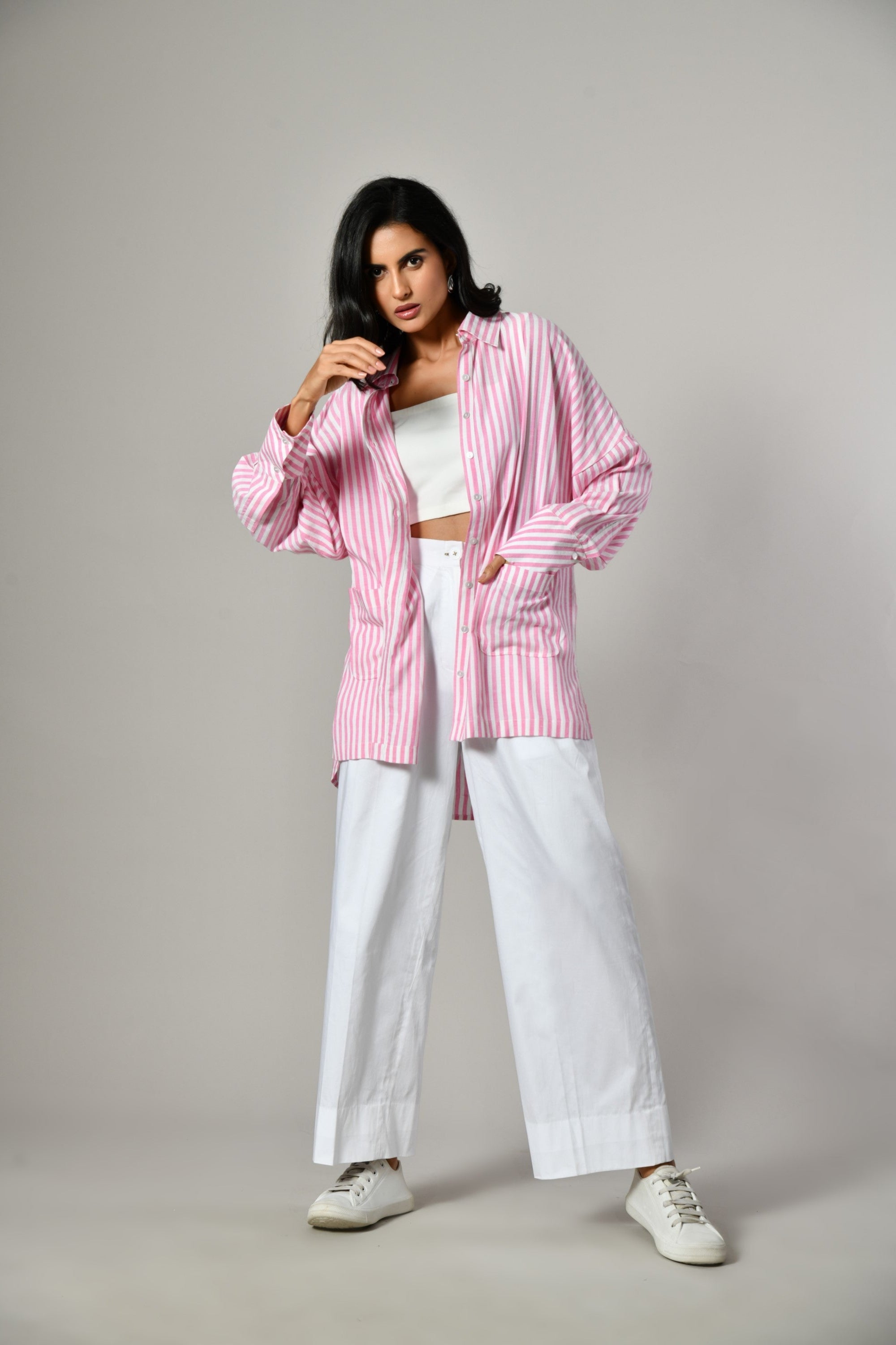 Relaxed fit pink linen shirt with two pockets – embellished casual wear for festive and office looks. Linen Shirt near me