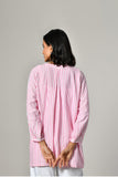 Loose fit pink linen shirt with stripes – casual summer cotton shirt for women with round neck and long sleeves. 