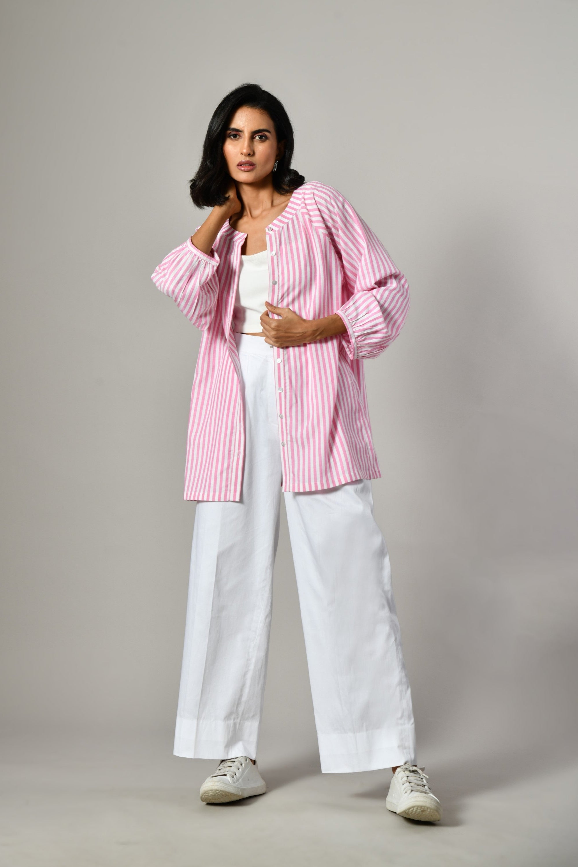 Women’s pink linen shirt with full sleeves – stylish cotton stripe shirt and summer tunic near me, available online. 