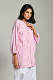 Casual pink and white striped cotton shirt – long sleeve linen tunic top with round neck, ideal for warm weather. 