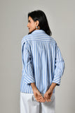 Loose fit blue stripe cotton shirt – collared full sleeve casual shirt for women, ideal for evening wear or party looks. 