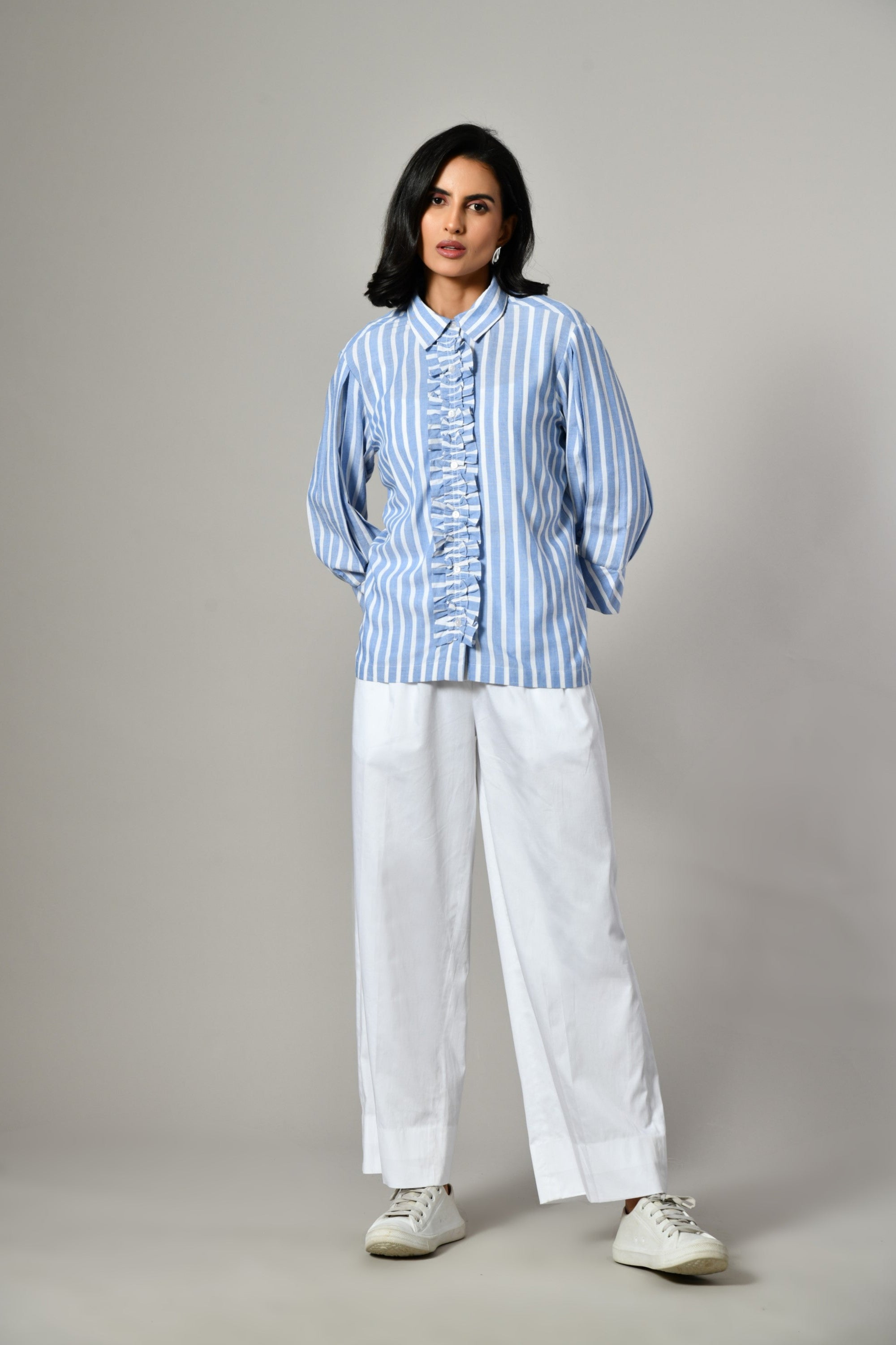 Blue and white striped linen shirt for women – classic collar tunic with ruffle button placket and full sleeves. 