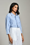 Classic collar cotton shirt for women – blue and white striped ruffle tunic, available online and near me. 