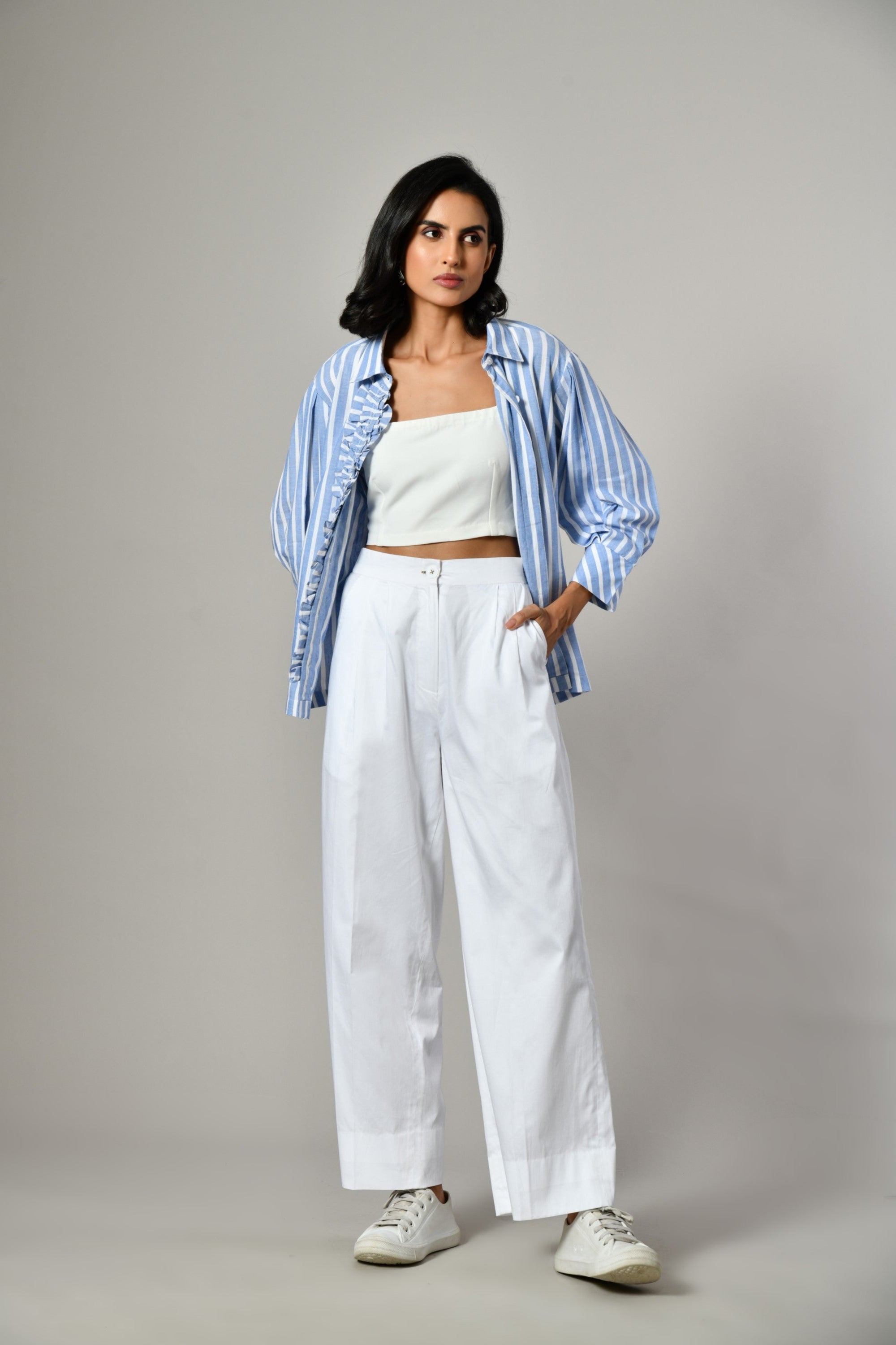 Women’s collared shirt – blue and white striped ruffle placket tunic, casual and evening wear for ladies near me.