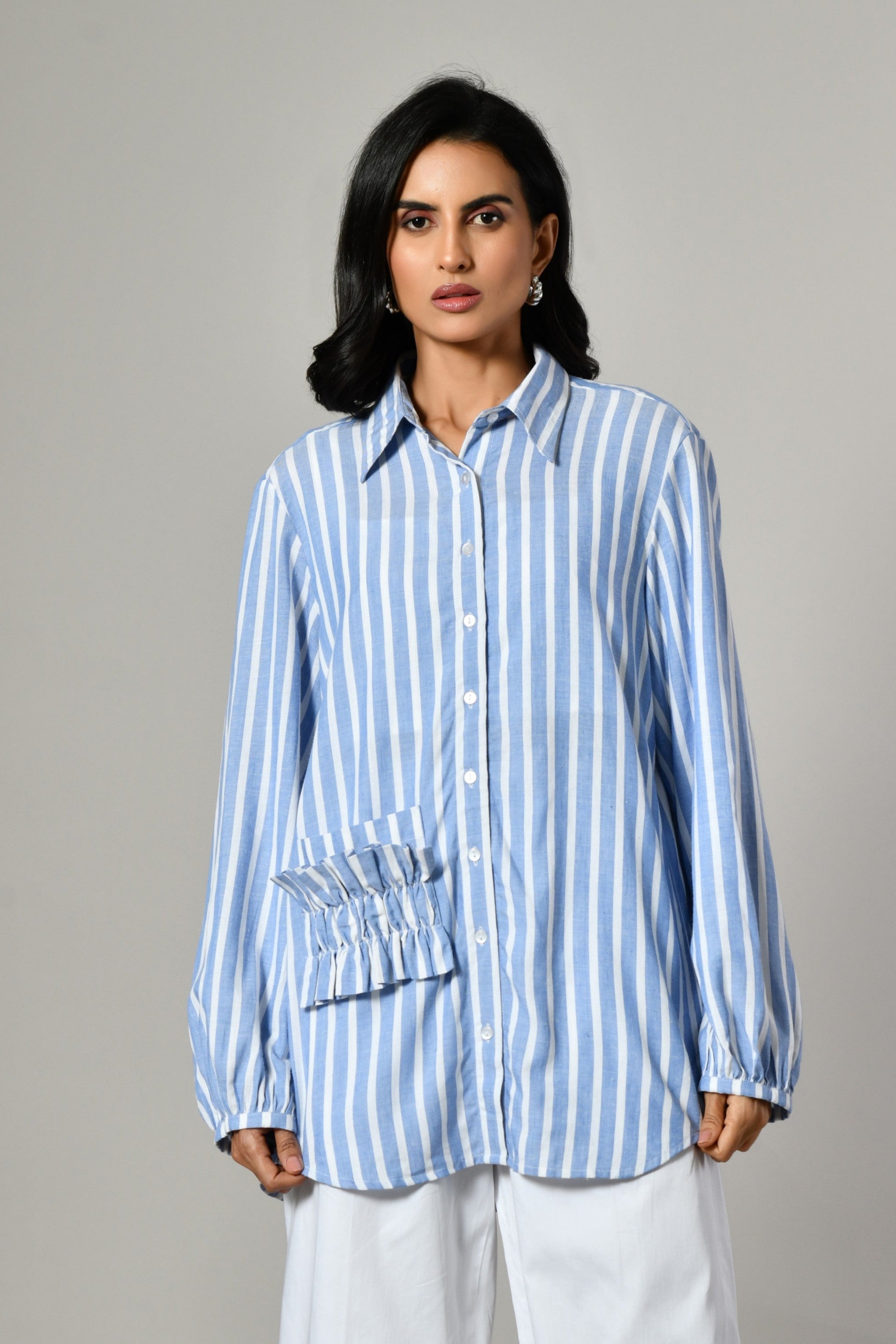 Blue linen shirt for women with pleated pockets–relaxed fit long sleeve embellished casual wear for festive & party occasions
