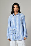 Blue linen shirt for women with pleated pockets–relaxed fit long sleeve embellished casual wear for festive & party occasions