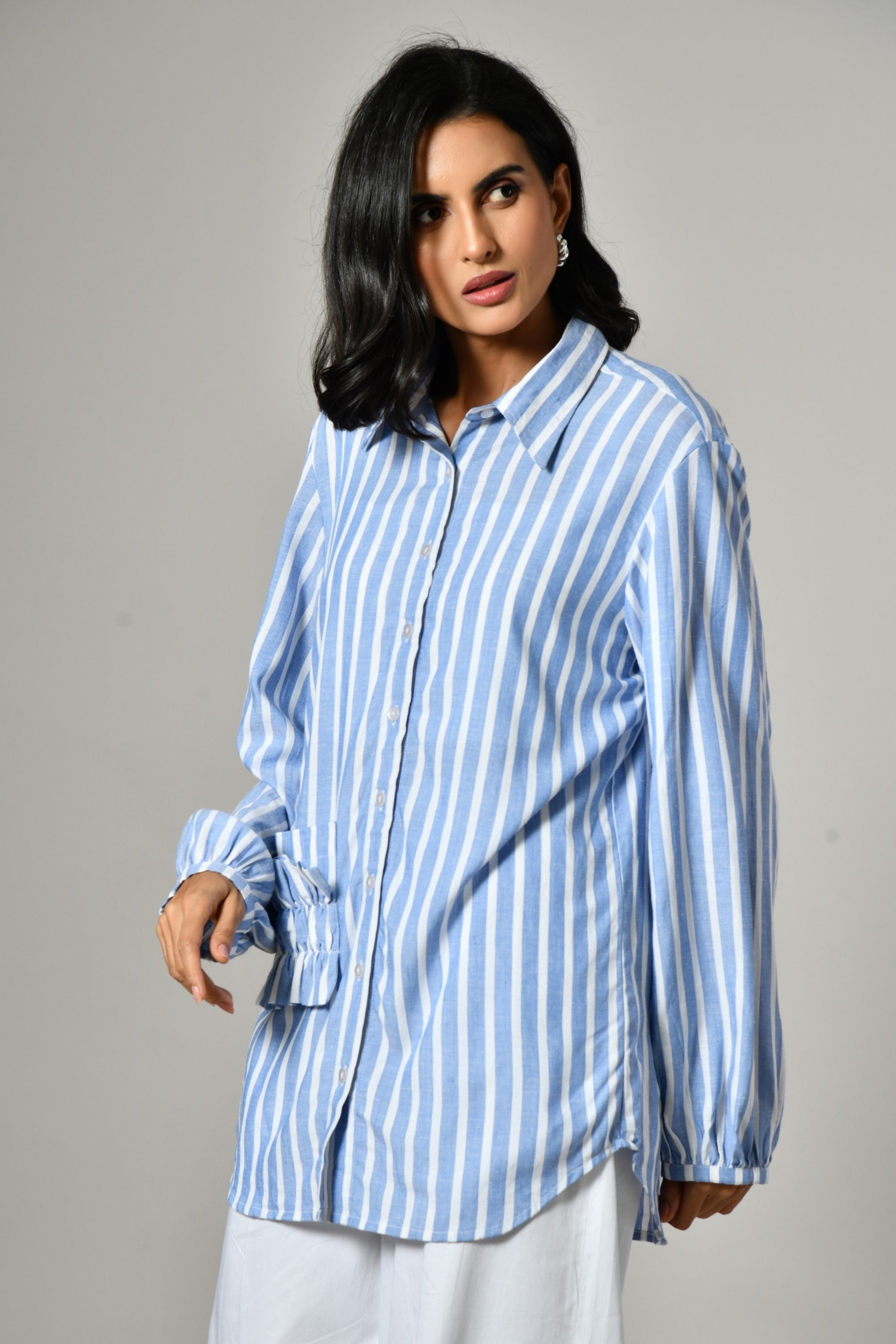 Embellished blue linen shirt with pleated pockets–relaxed fit casual and designer shirt for women, suitable for summer & work