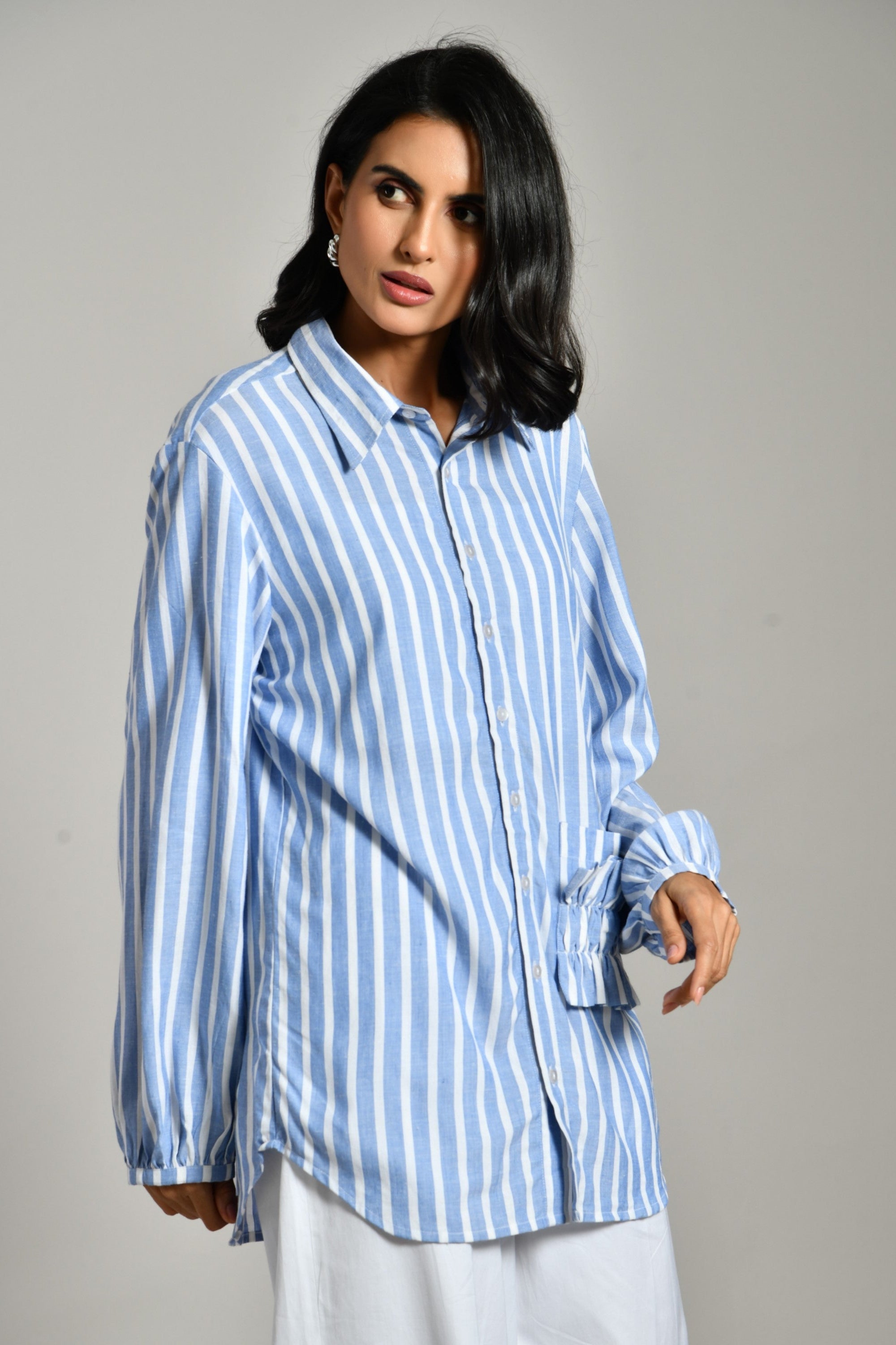 Long sleeve pastel blue linen shirt – embellished partywear shirt for ladies, perfect festive shirt online. 