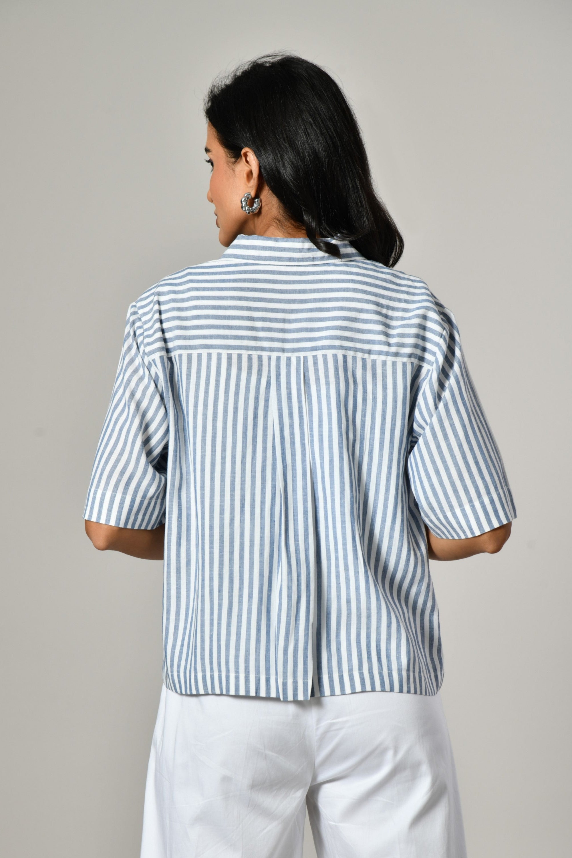 Gray and white striped shirt – loose fit cotton shirt for ladies with button front and open collar. Button front tunic top,