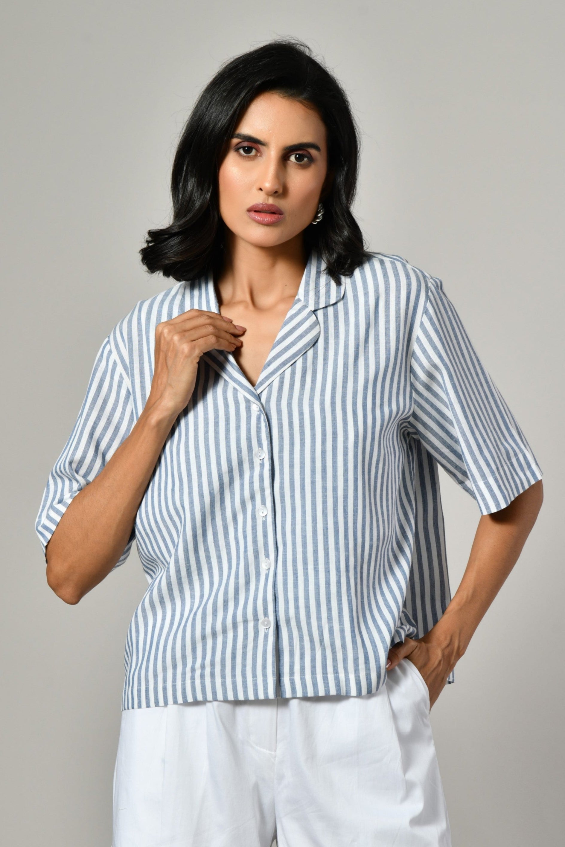 Gray linen shirt for women with classic collar – half sleeve striped cotton tunic Shirts for summer. Summer shirts Online