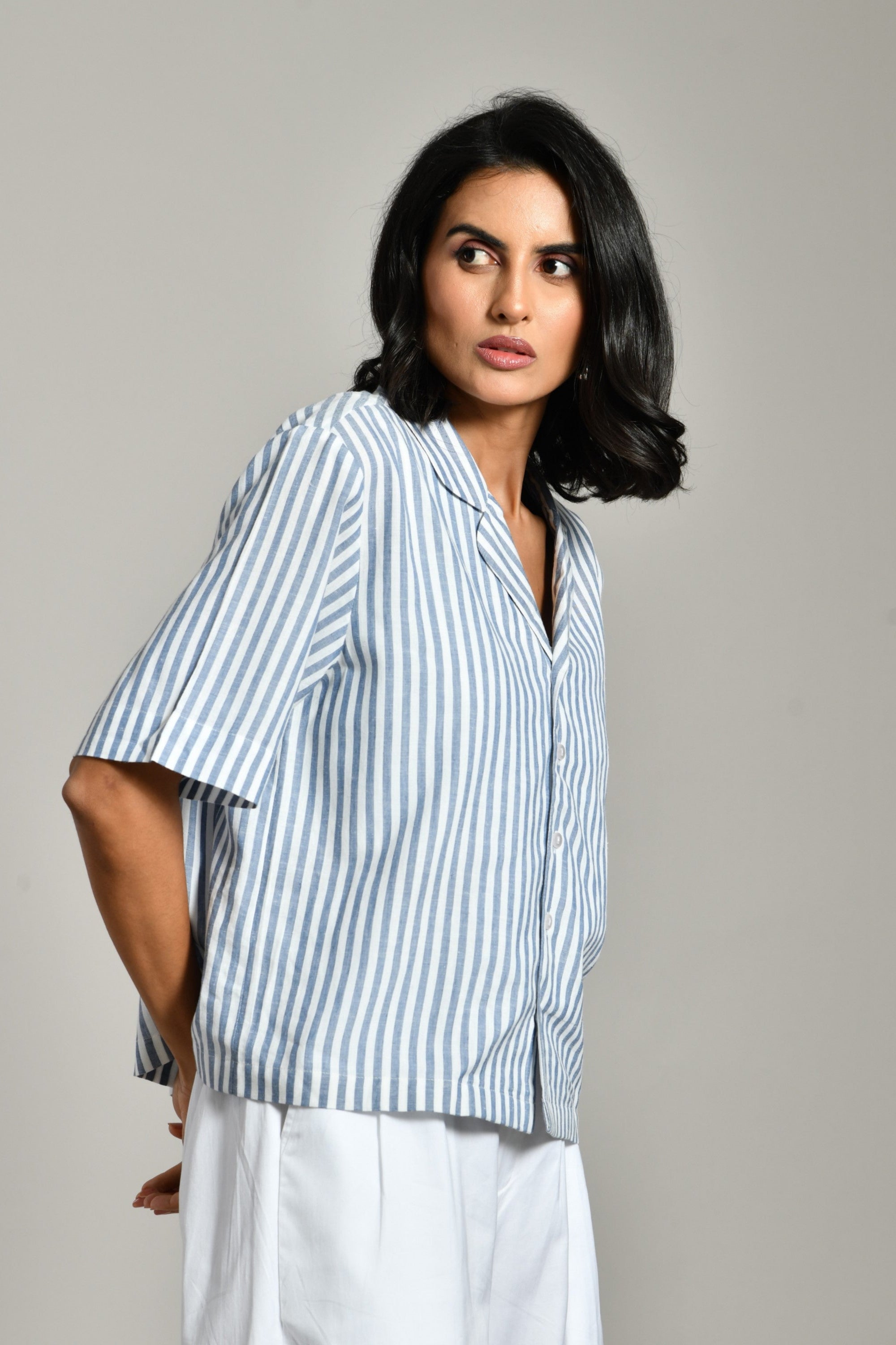 Classic collared gray stripe shirt for women – breathable casual cotton tunic for summer wear. Gray Stripe Shirt, 