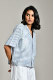 Classic collared gray stripe shirt for women – breathable casual cotton tunic for summer wear. Gray Stripe Shirt, 