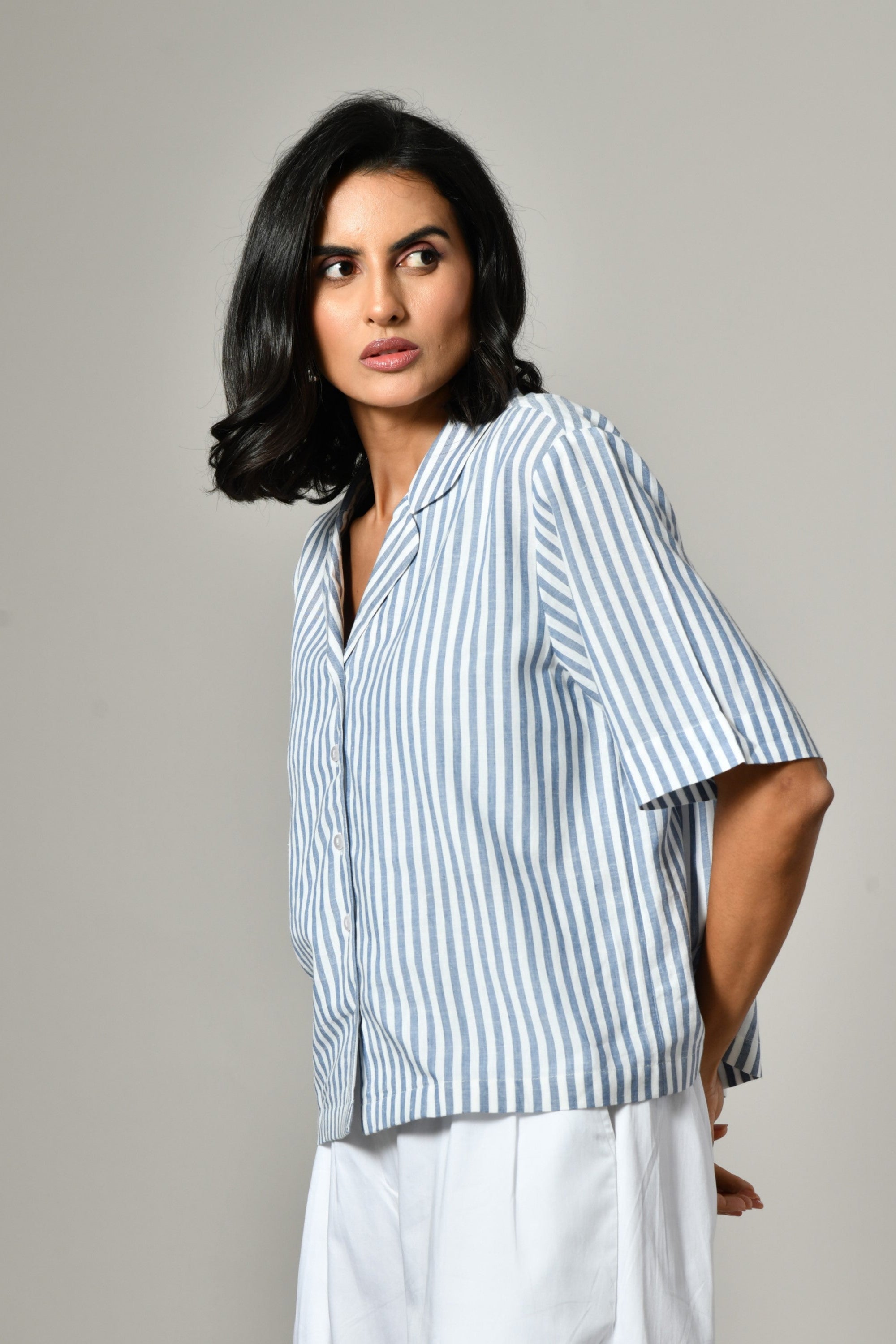 Half sleeve gray linen shirt – relaxed fit cotton shirt for women, ideal summer wear near me. Casual cotton Shirt