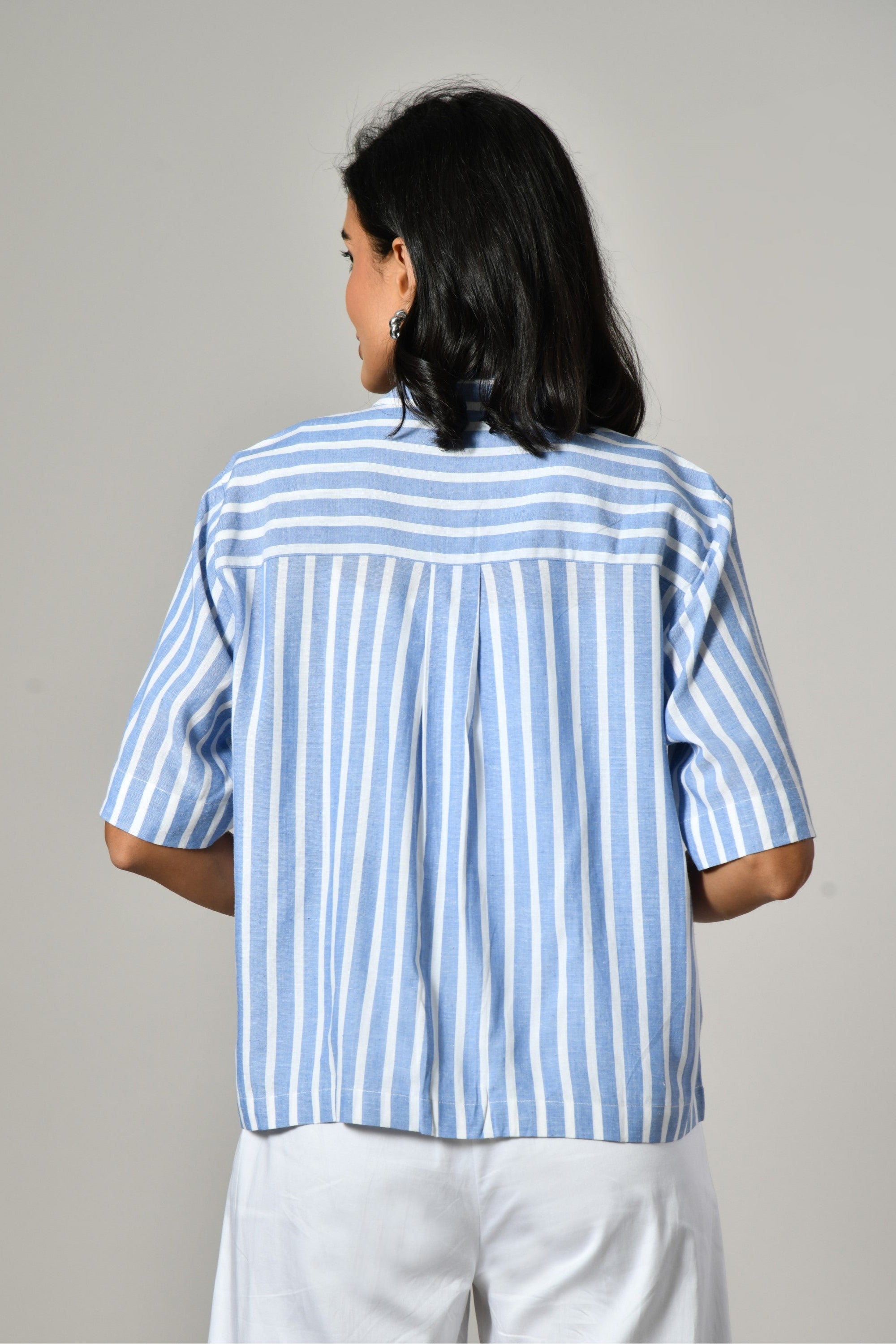 Blue linen shirt for women with classic collar – half sleeve striped cotton tunic for summer wear. Button front tunic top, 
