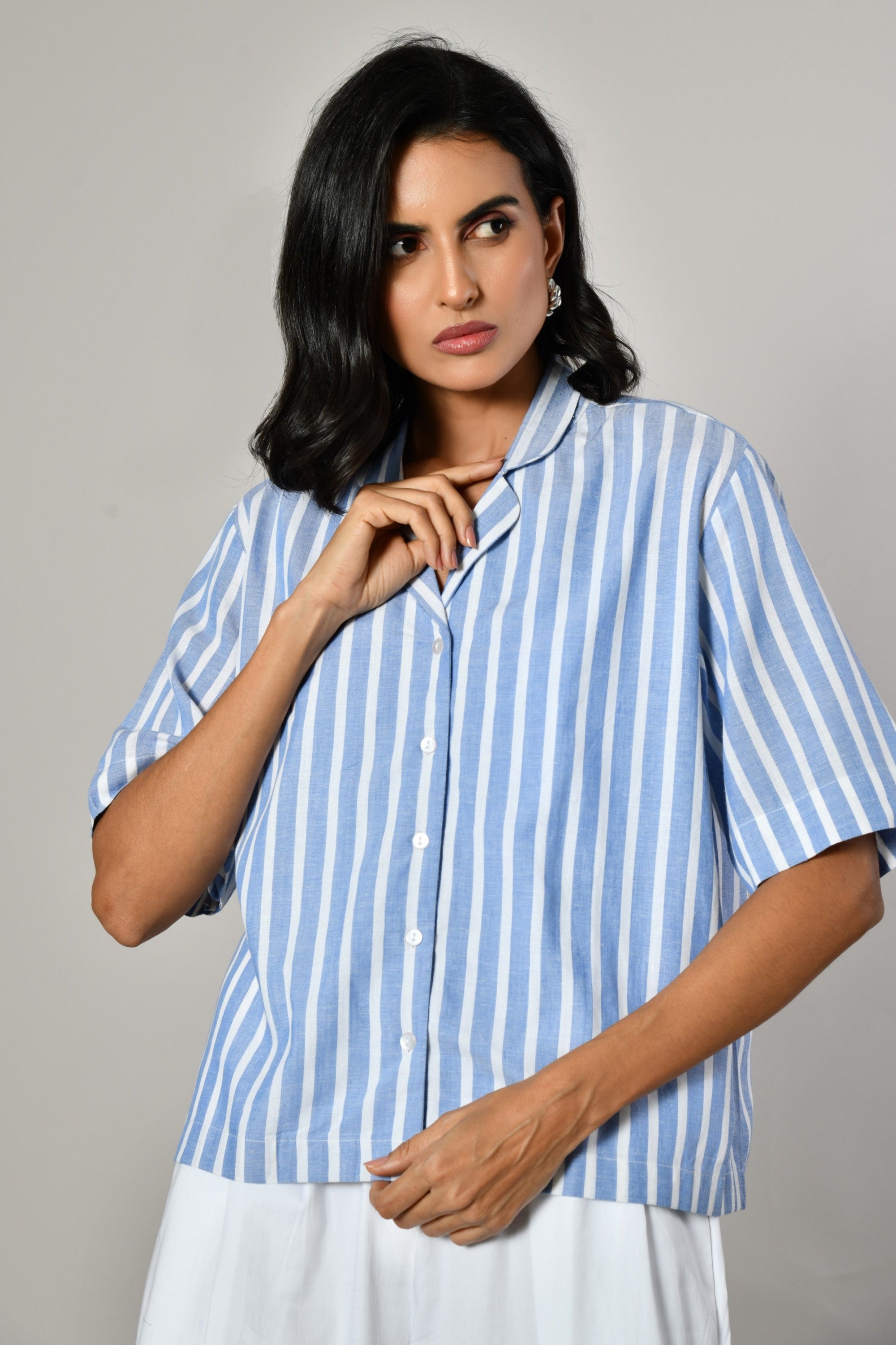 Short blue stripe shirt for women – collared summer cotton shirt, perfect with jean. Blue Stripe Shirt Online or Near Me