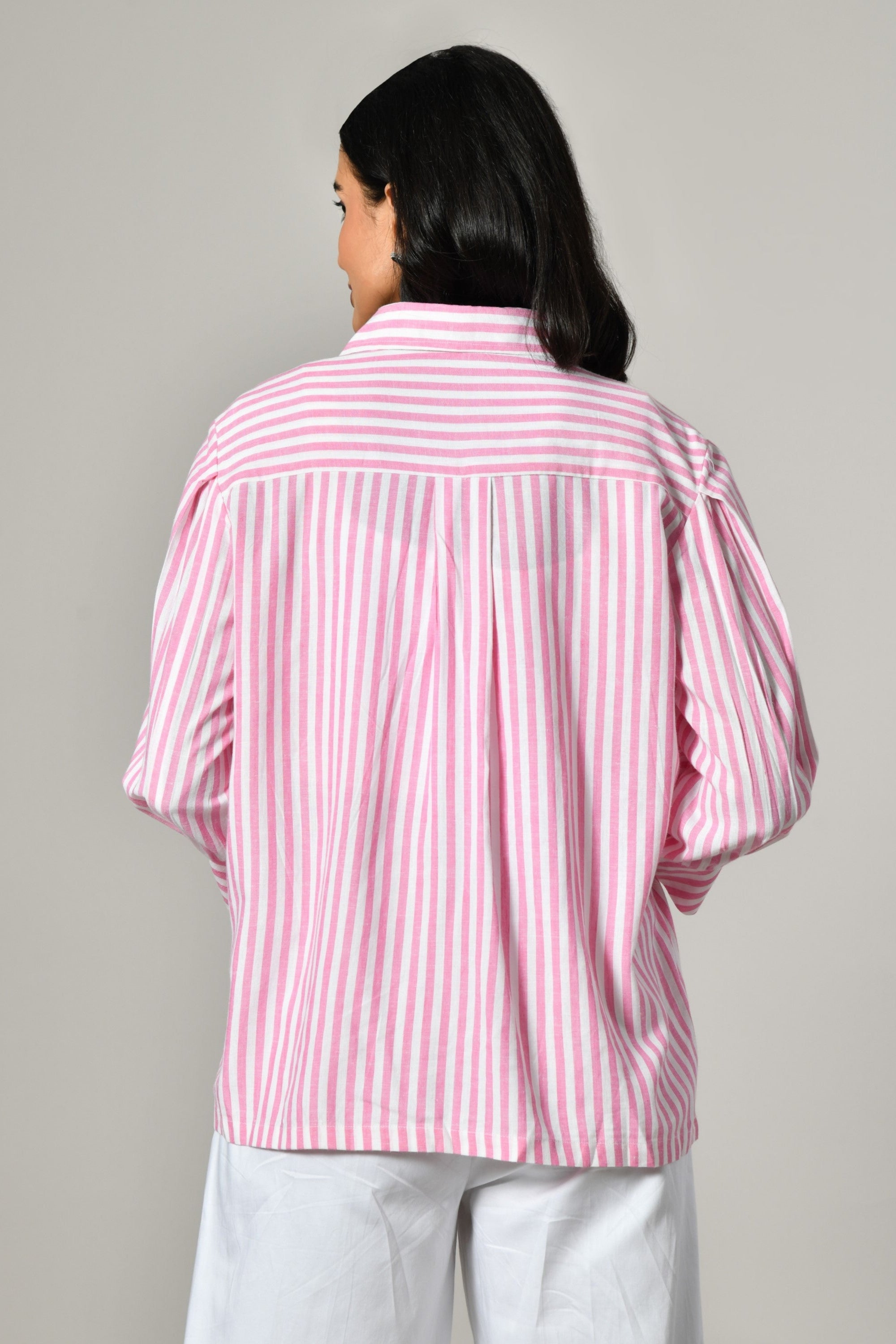 Pink and white striped shirt for women – full sleeve ruffled cotton tunic, perfect as casual or party wear.