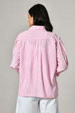 Pink and white striped shirt for women – full sleeve ruffled cotton tunic, perfect as casual or party wear.