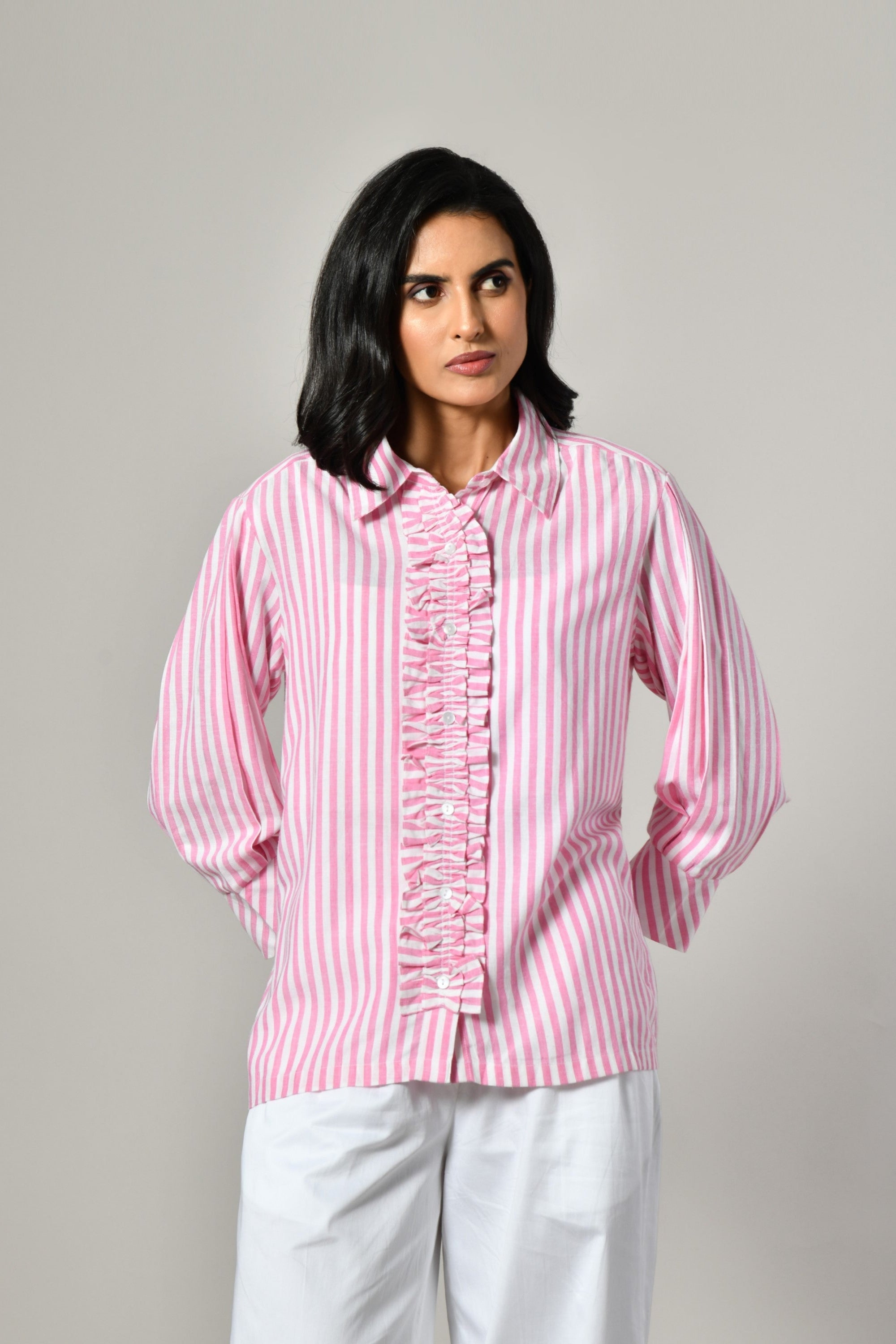 Pink linen shirt for women – relaxed fit cotton tunic with classic collar and button front, ideal for summer and evening wear