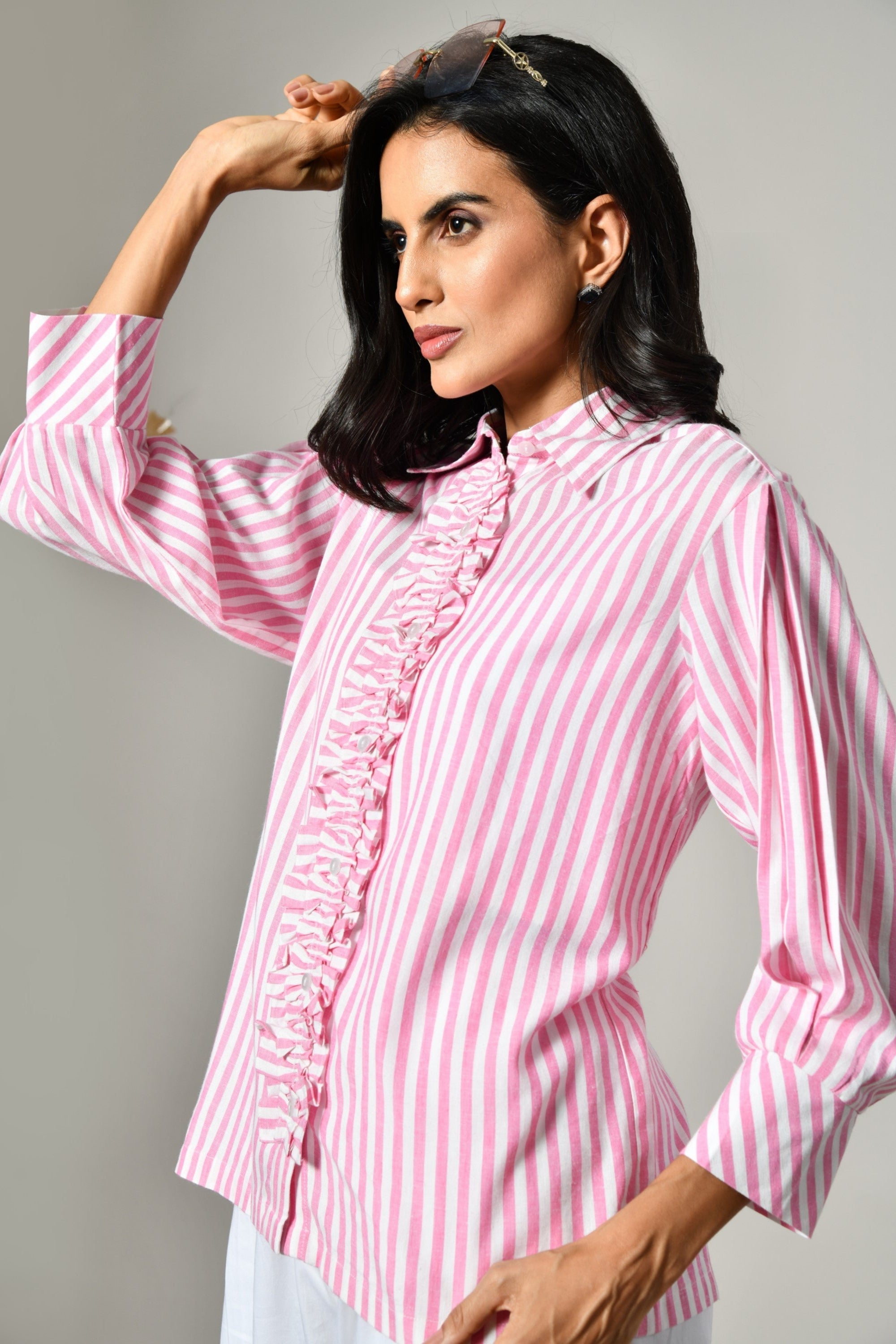 Pink full sleeve shirt for women – summer-ready cotton shirt with stripes, perfect for evening looks and daily wear. 