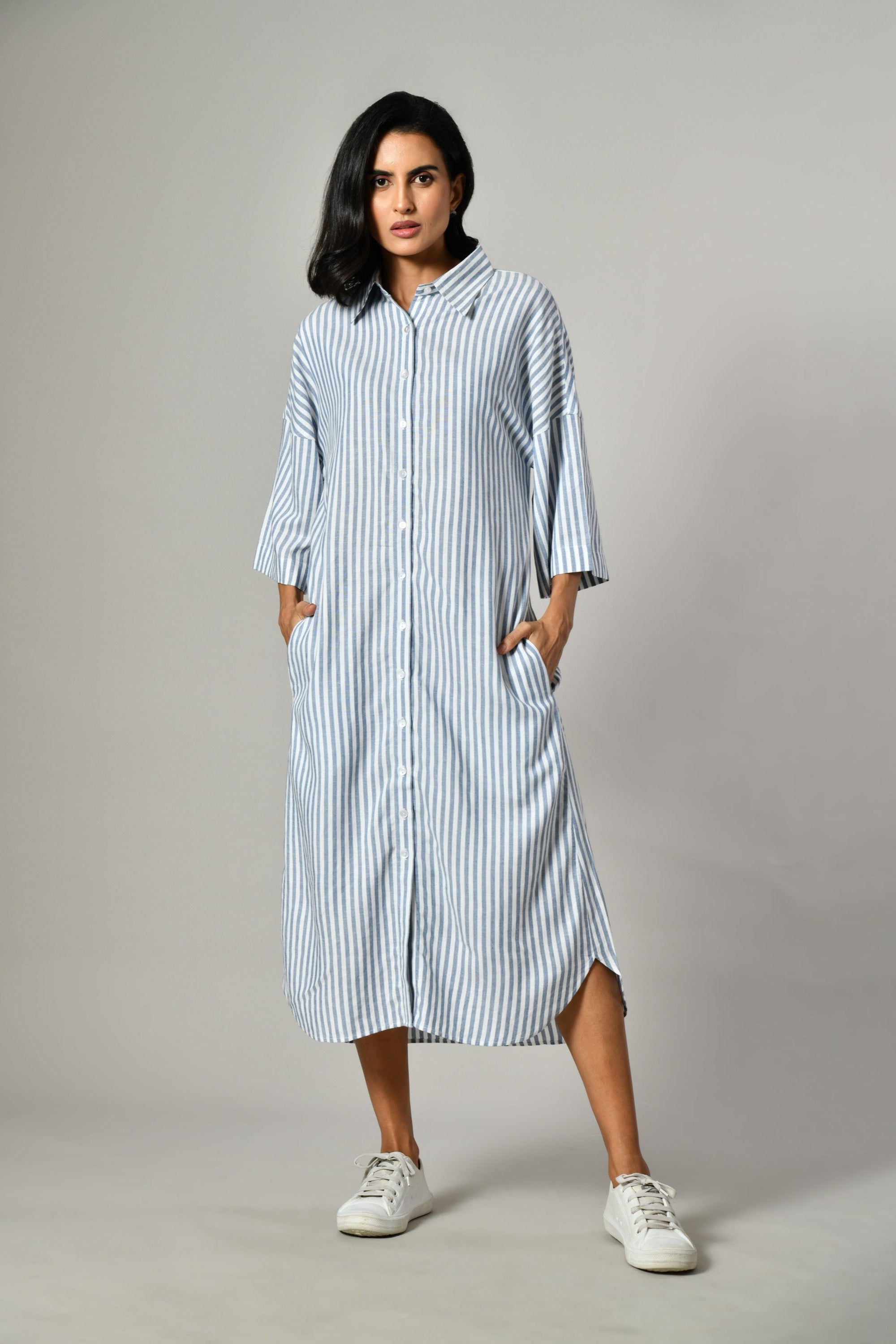 Gray and white striped button-down shirt dress for women – long sleeve cotton summer dress with A-line silhouette.