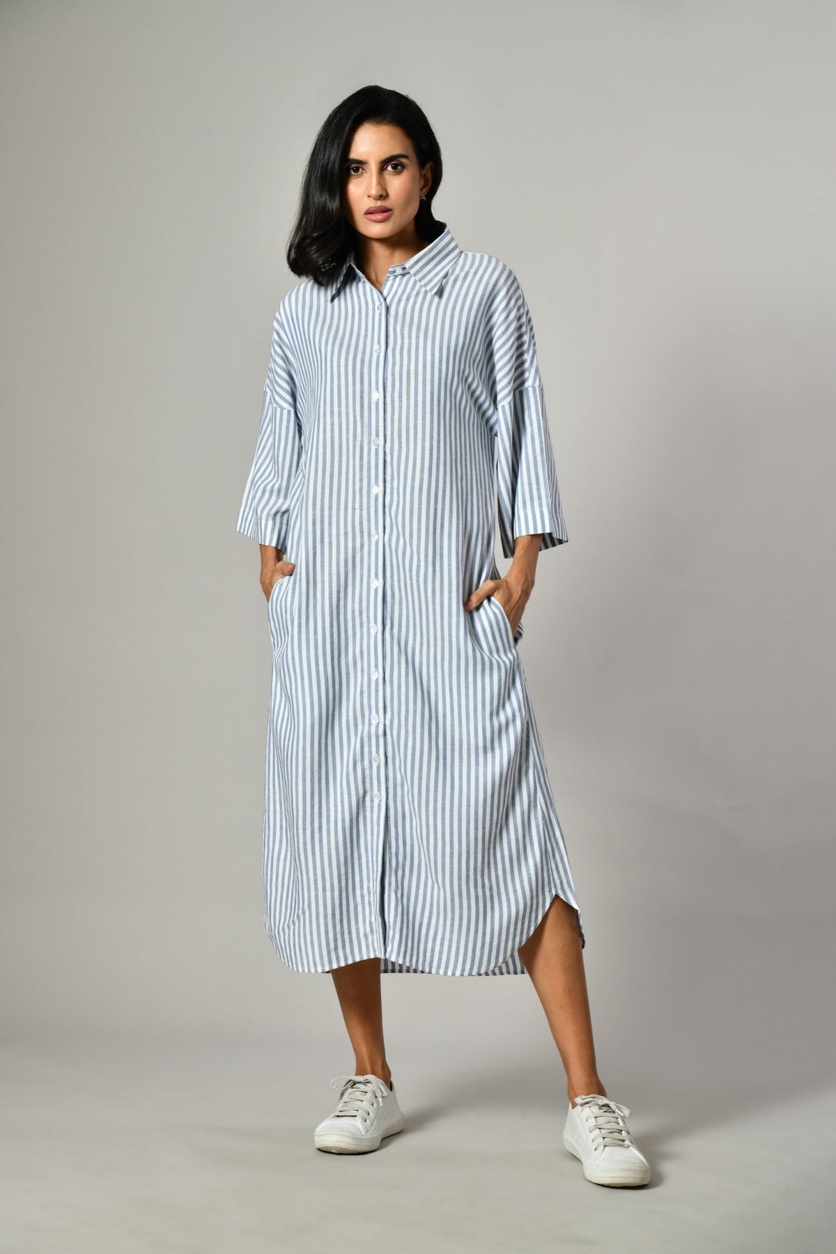 Gray and white striped button-down shirt dress for women – long sleeve cotton summer dress with A-line silhouette.