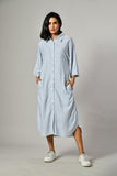Gray and white striped button-down shirt dress for women – long sleeve cotton summer dress with A-line silhouette.