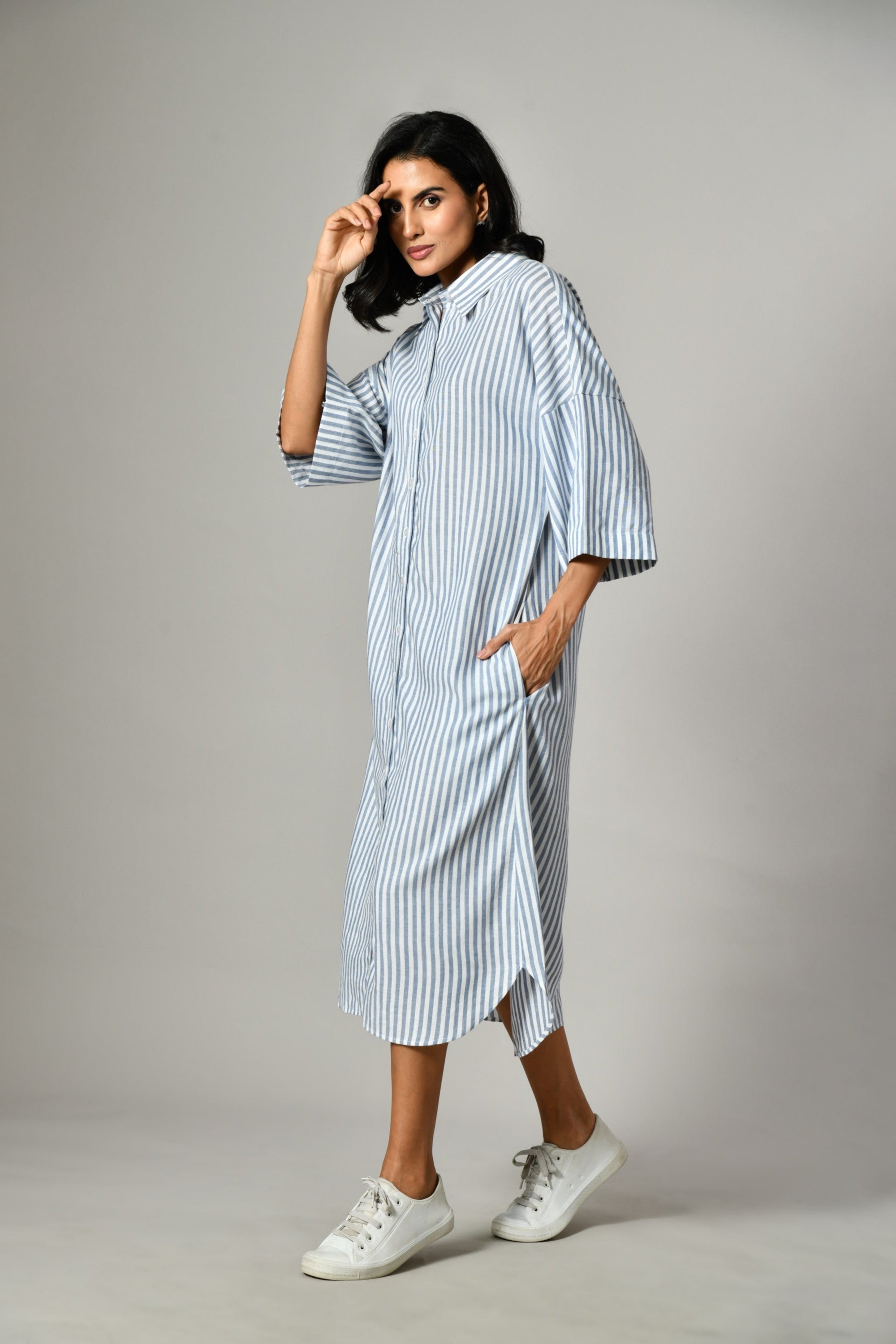 Women’s gray stripe shirt dress – long sleeve button front cotton dress, ideal for beach, sundress, or day wear.