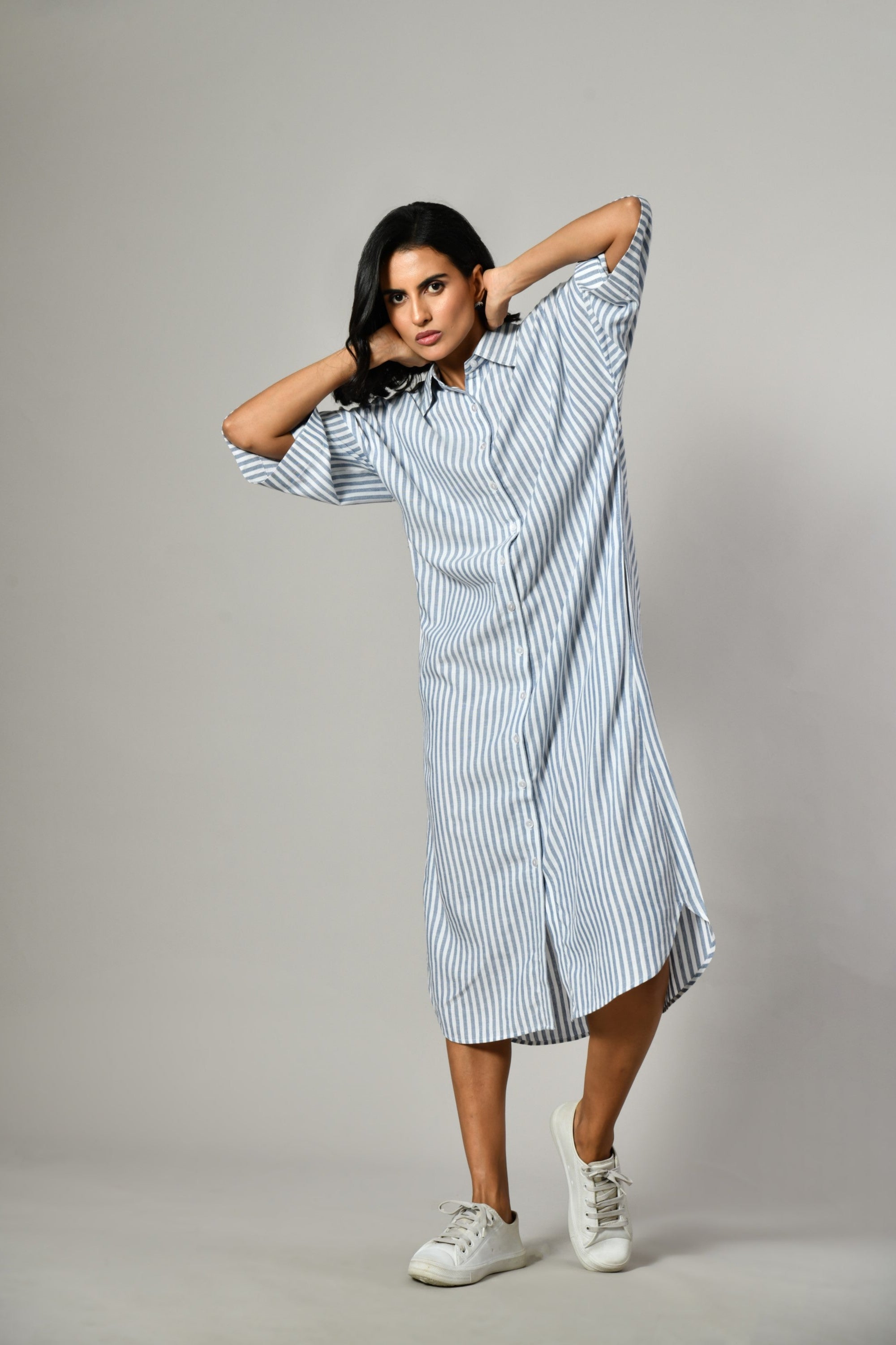 Gray summer dress with long sleeves – casual cotton shirt dress for women, perfect for holidays and formal evenings. 