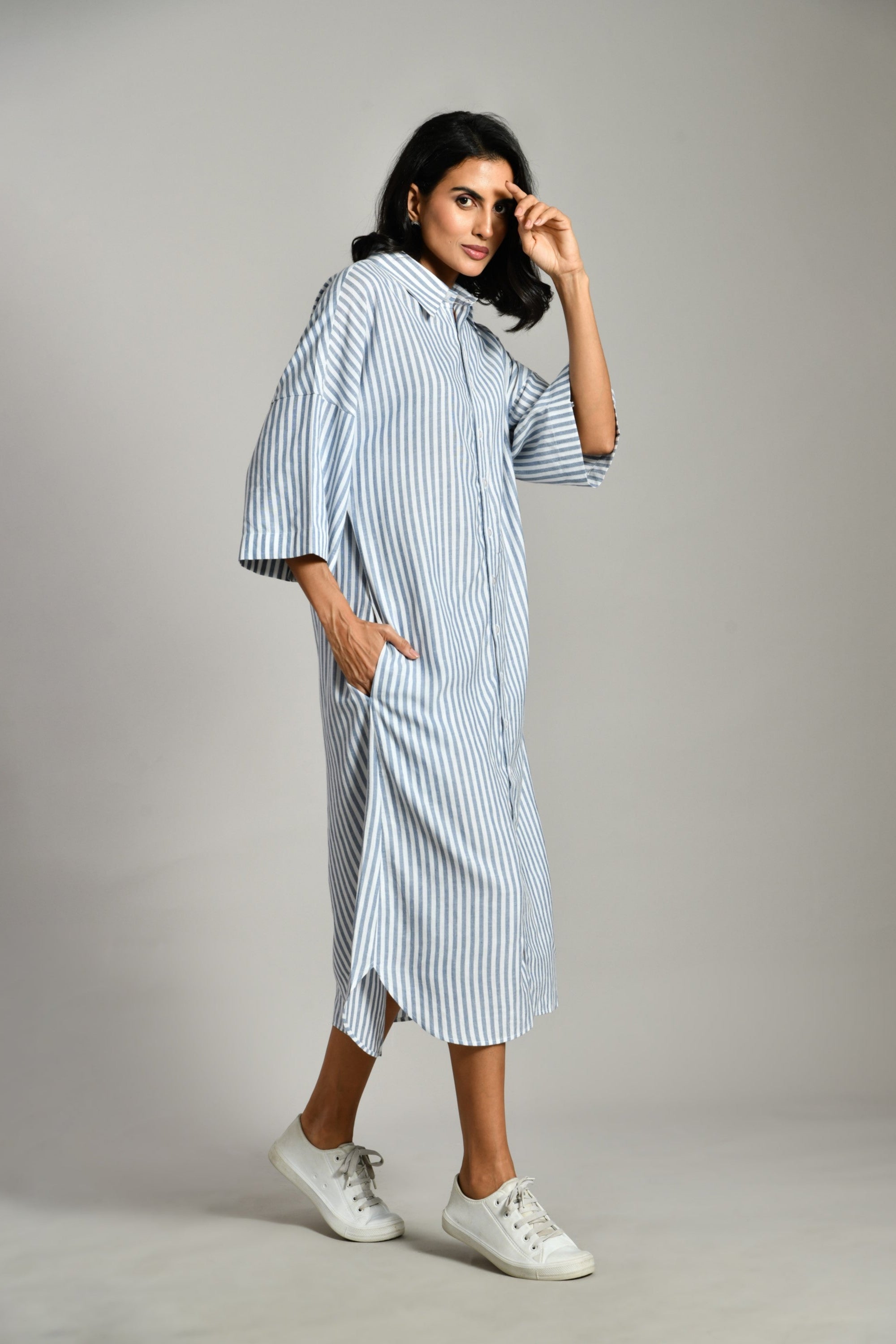 Long length gray A-line dress – casual yet formal summer shirt dress for plus size and regular fit women. 