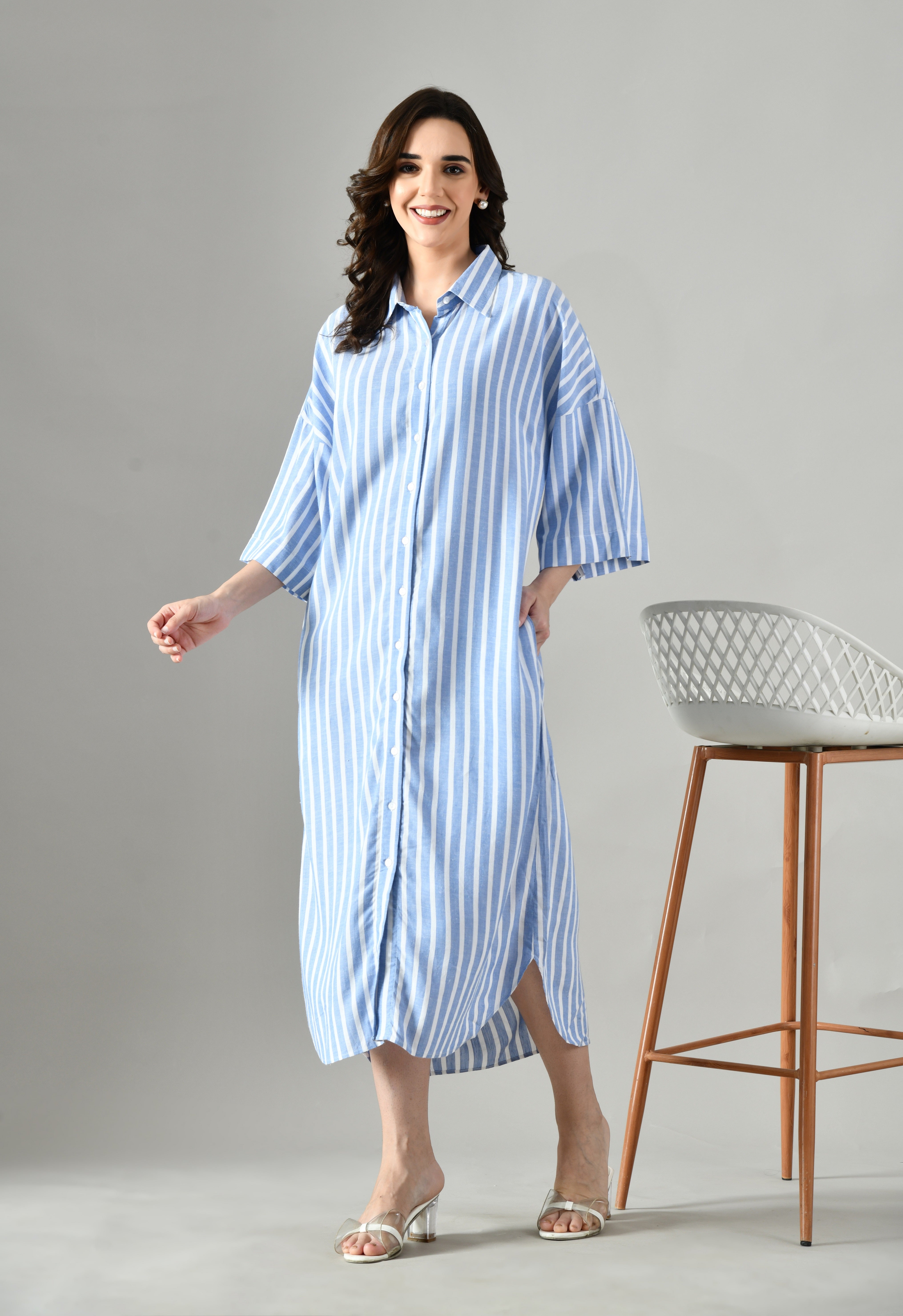 Blue stripe linen summer dress for women – lightweight cotton sundress for beach holidays and casual outings. 