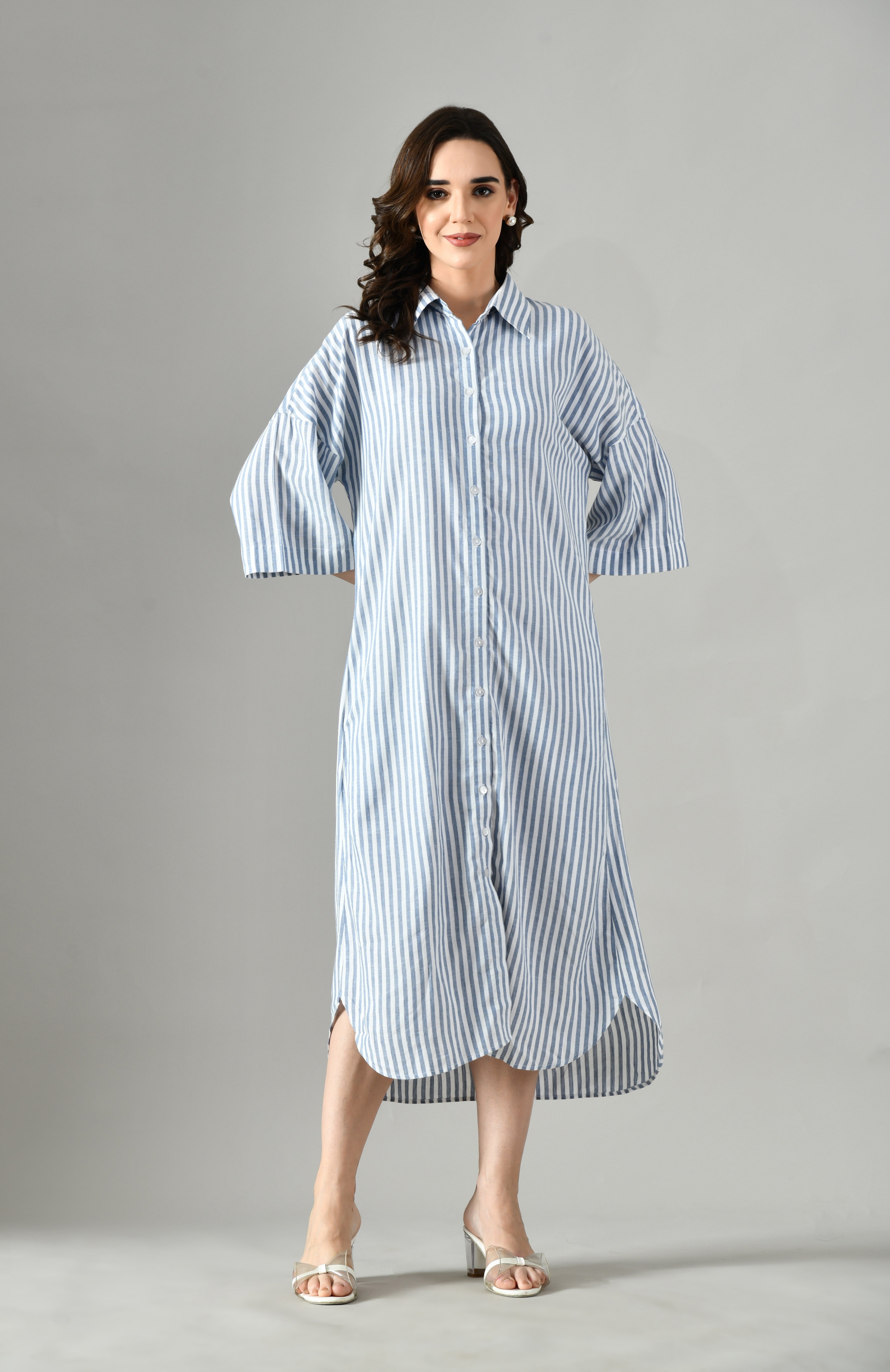 Gray and white striped button-down shirt dress for women – long sleeve cotton summer dress with A-line silhouette.