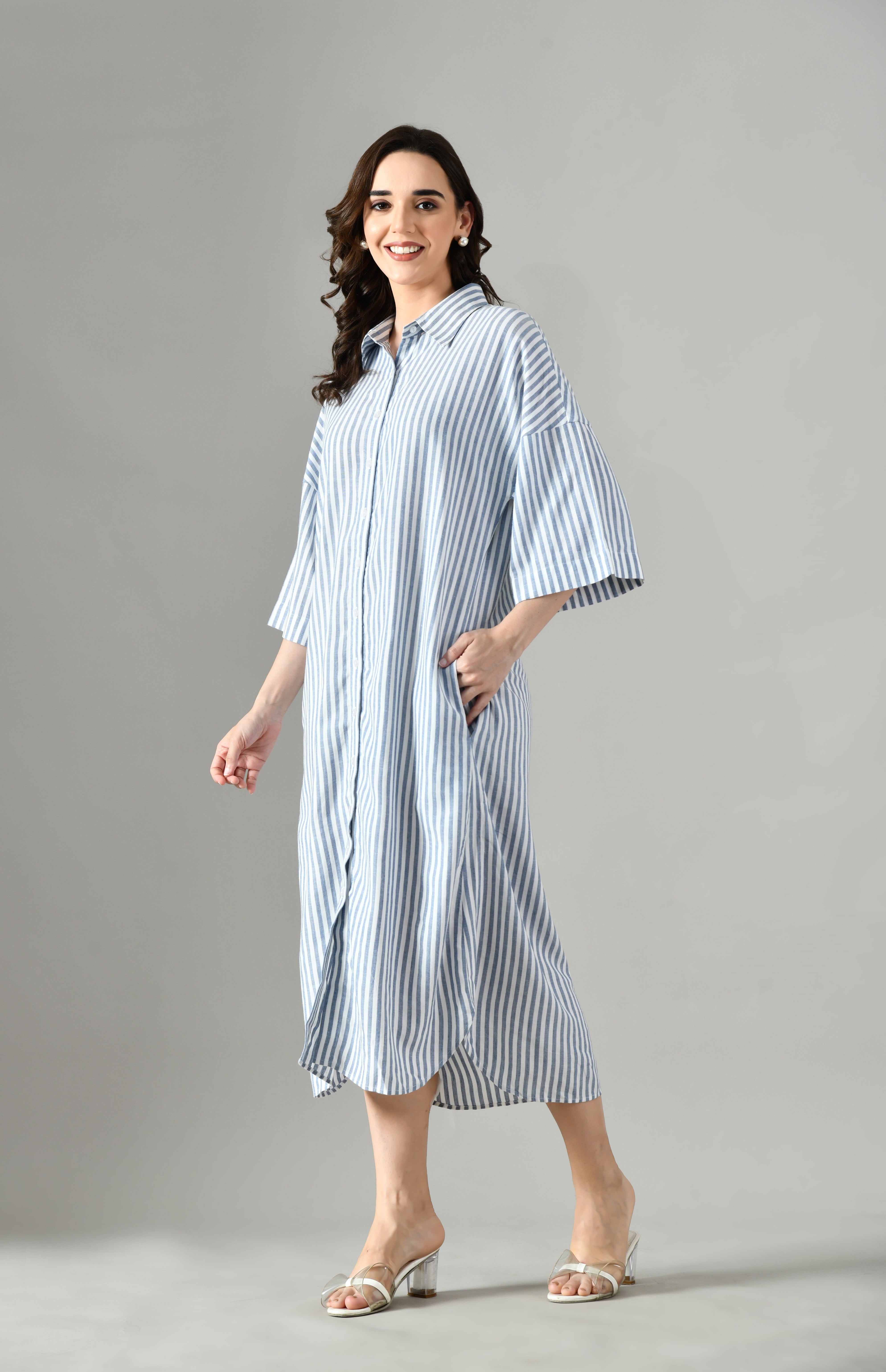 Women’s gray stripe shirt dress – long sleeve button front cotton dress, ideal for beach, sundress, or day wear.