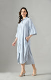 Women’s gray stripe shirt dress – long sleeve button front cotton dress, ideal for beach, sundress, or day wear.