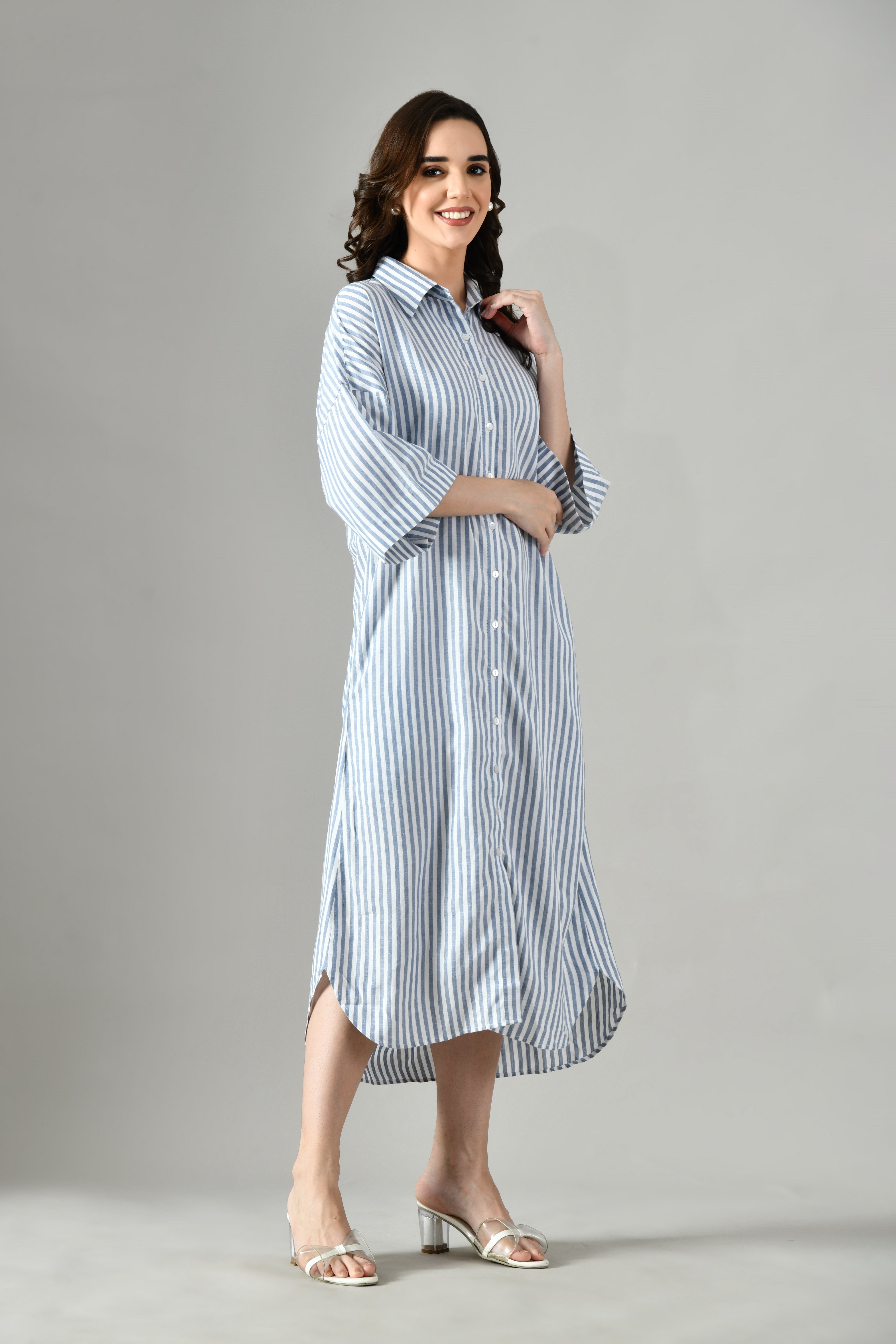 Long length gray A-line dress – casual yet formal summer shirt dress for plus size and regular fit women. 