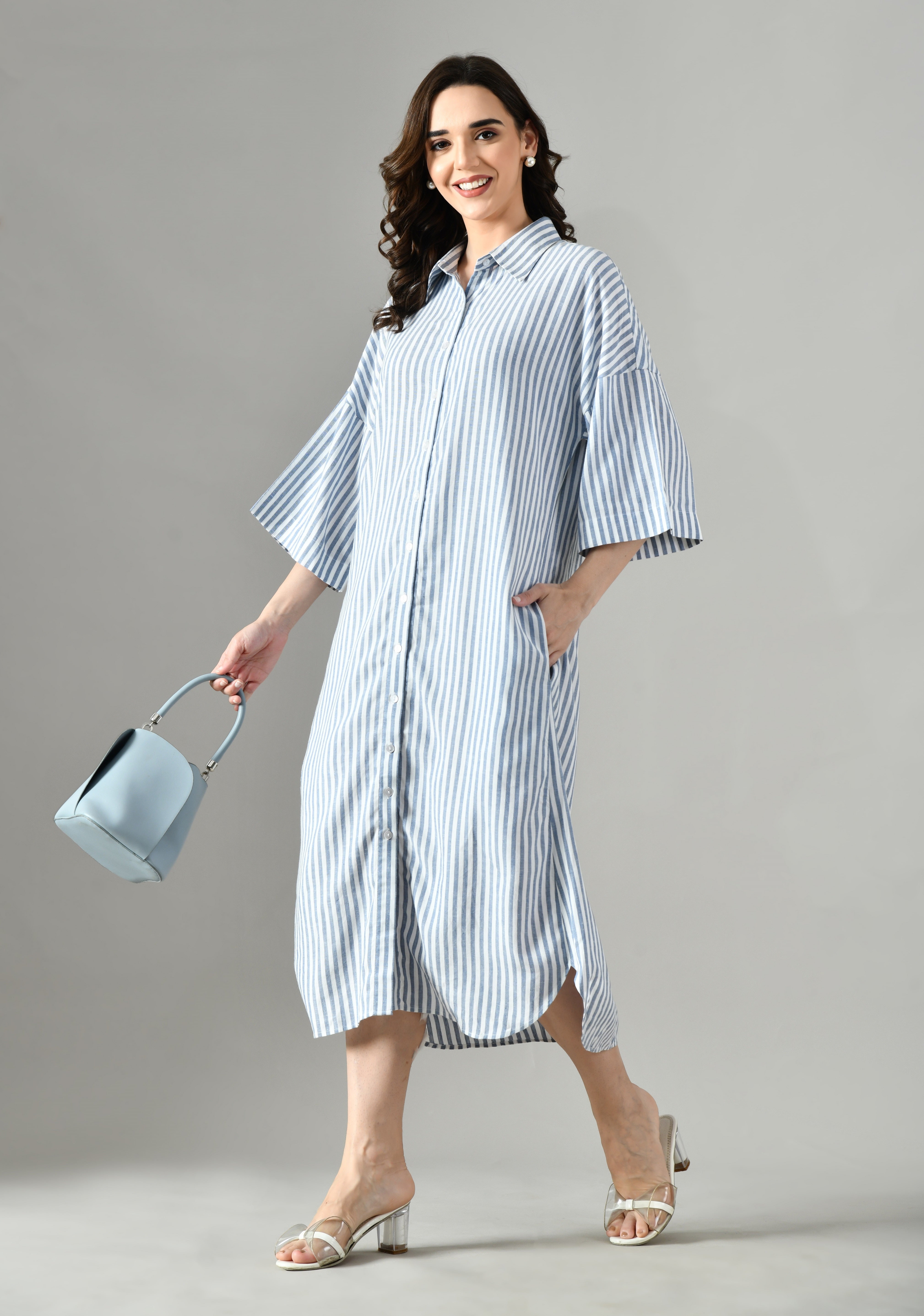 Gray summer dress with long sleeves – casual cotton shirt dress for women, perfect for holidays and formal evenings. 