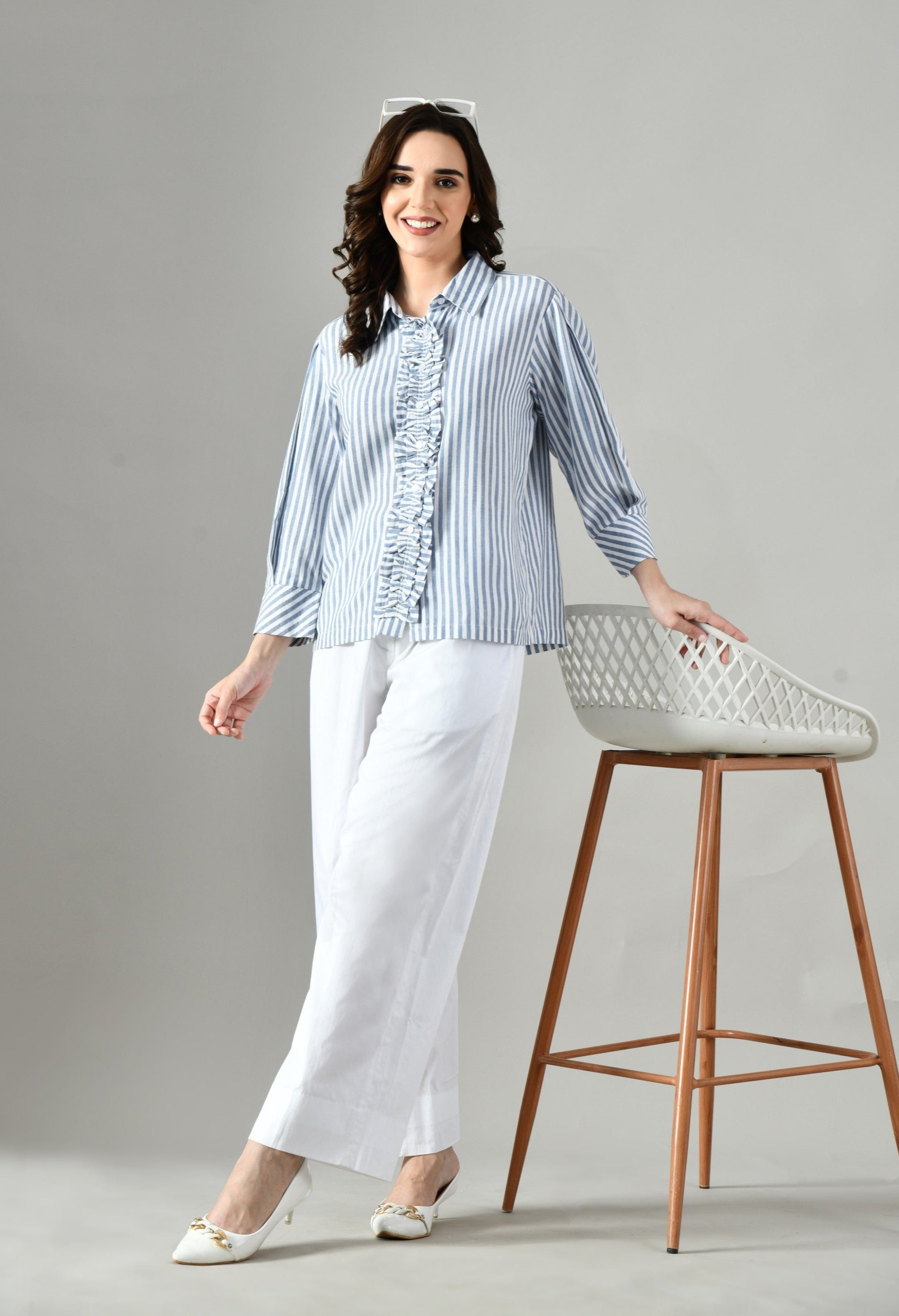 Women’s gray cotton shirt – classic collar, relaxed fit, ruffled design, perfect for parties, office, or casual summer days. 