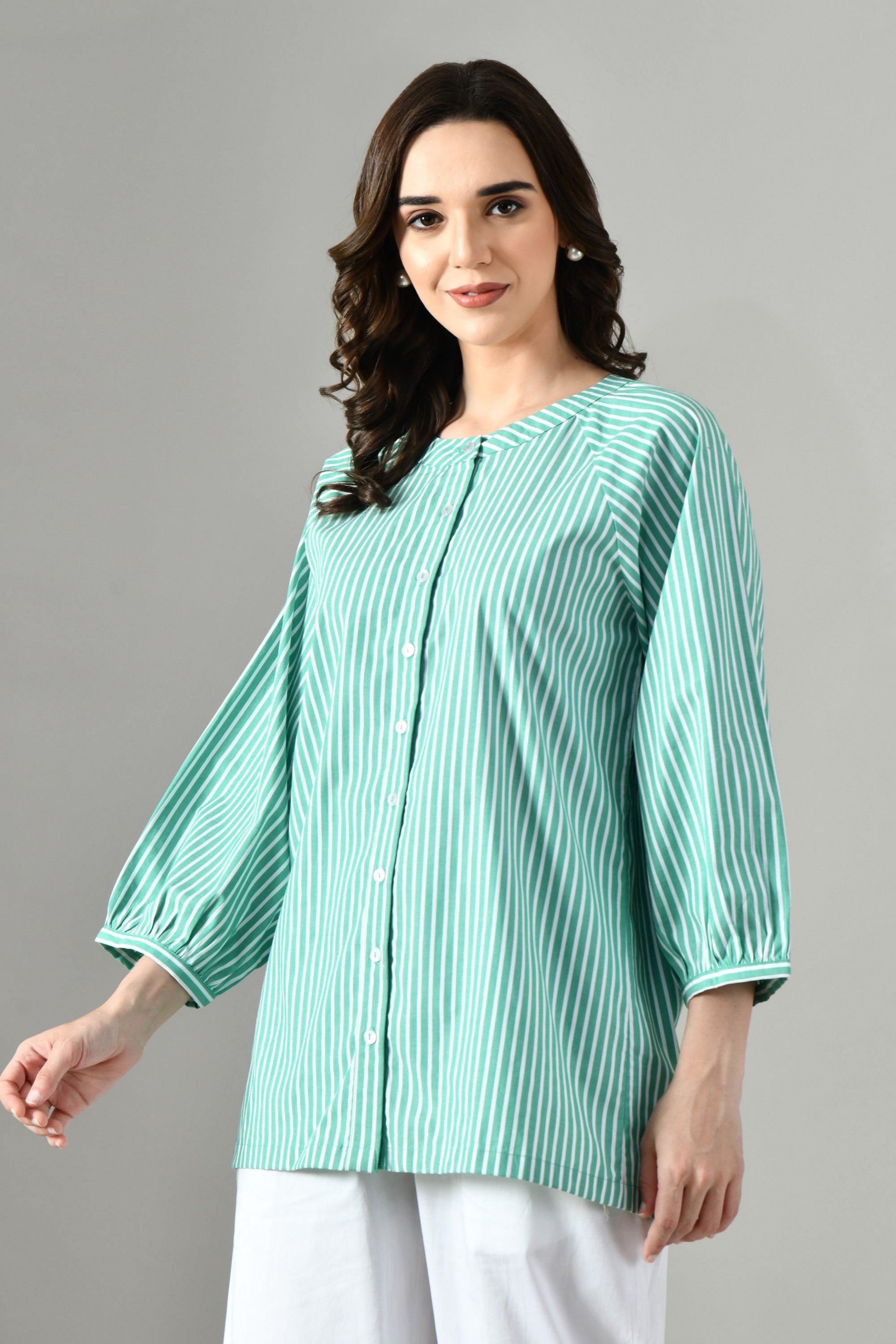 Casual green poplin tunic top – long sleeve round collar shirt for women, striped design available online. 