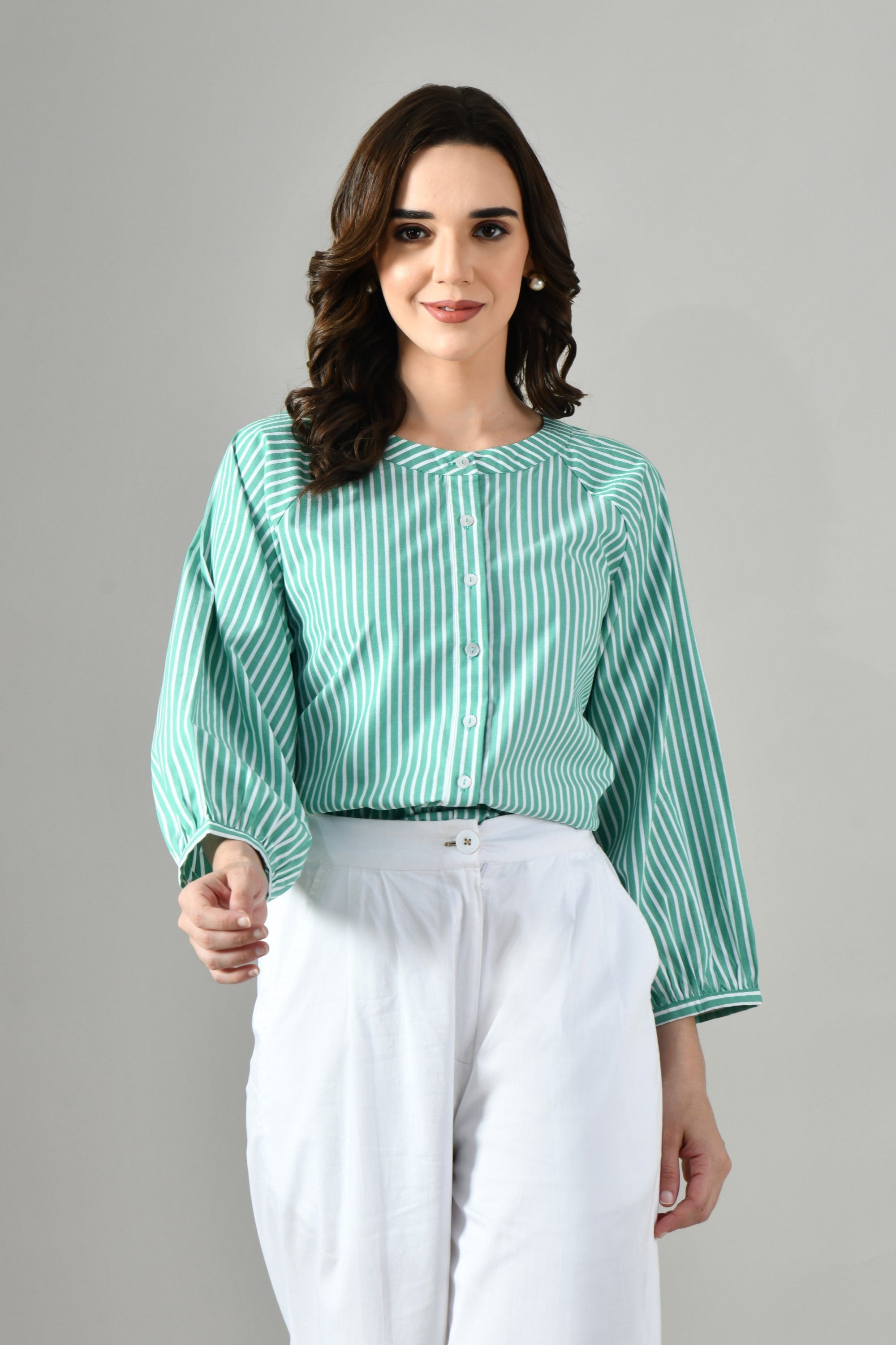 Green and white cotton stripe shirt for women – relaxed fit round neck tunic, stylish summer shirt near me. 
