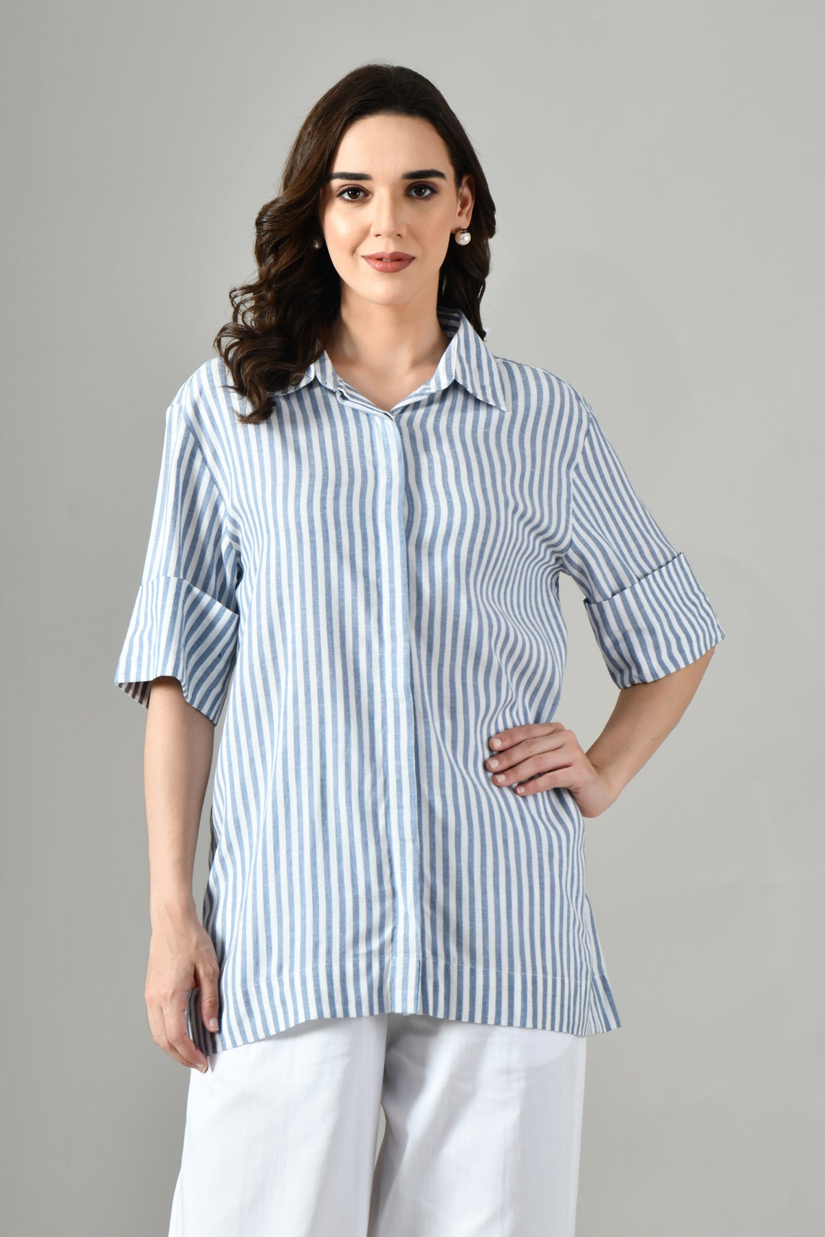 Gray and white striped linen shirt dress for women – long sleeve button-front tunic with classic collar and relaxed fit. 