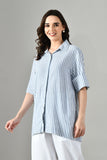 Long sleeve gray linen tunic for women – classic collar shirt dress perfect for summer casual and formal styling. 