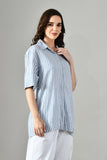 Gray striped cotton shirt dress – button-down tunic for women, ideal for beach holidays, sundresses, or evening wear. 