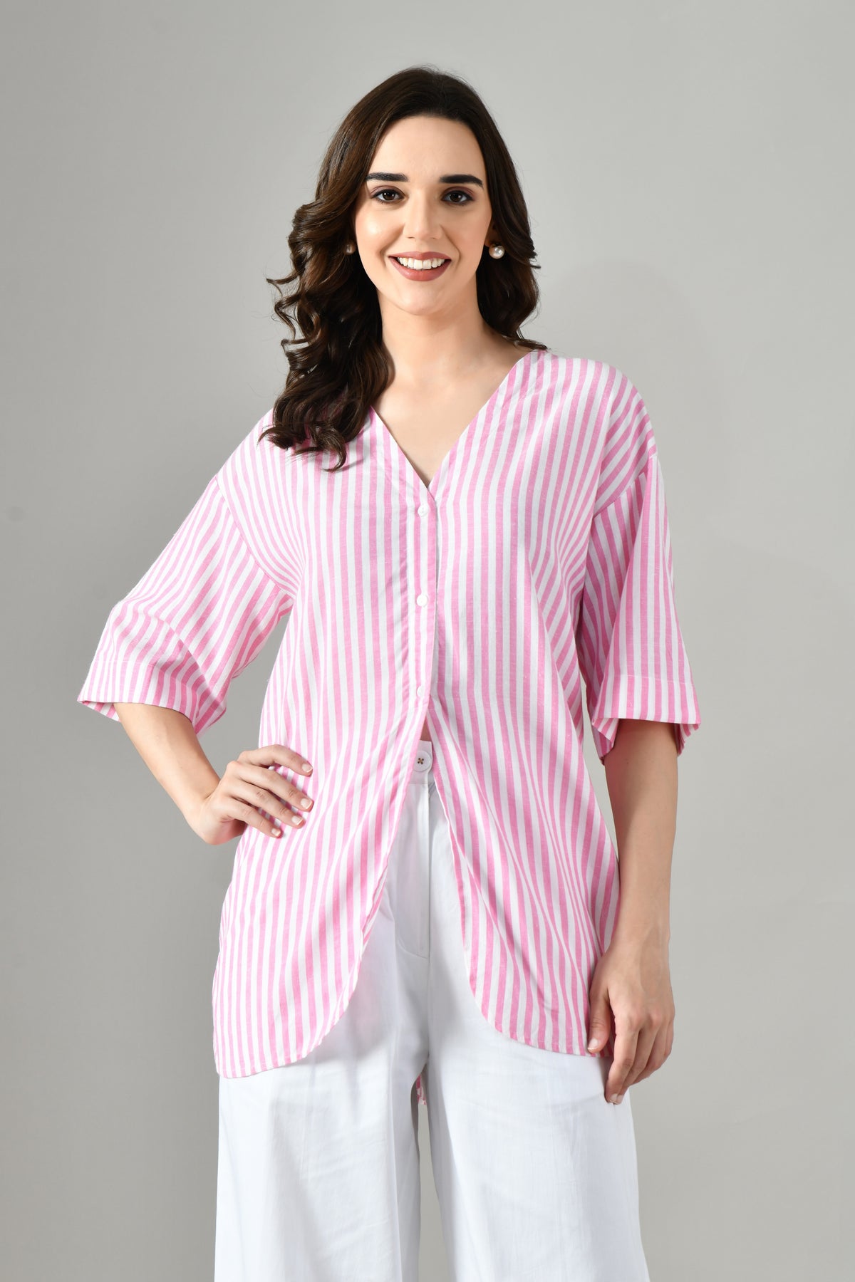 Pink and white striped linen shirt for women – half sleeve cotton tunic with V-neck and button front, perfect for summer. 