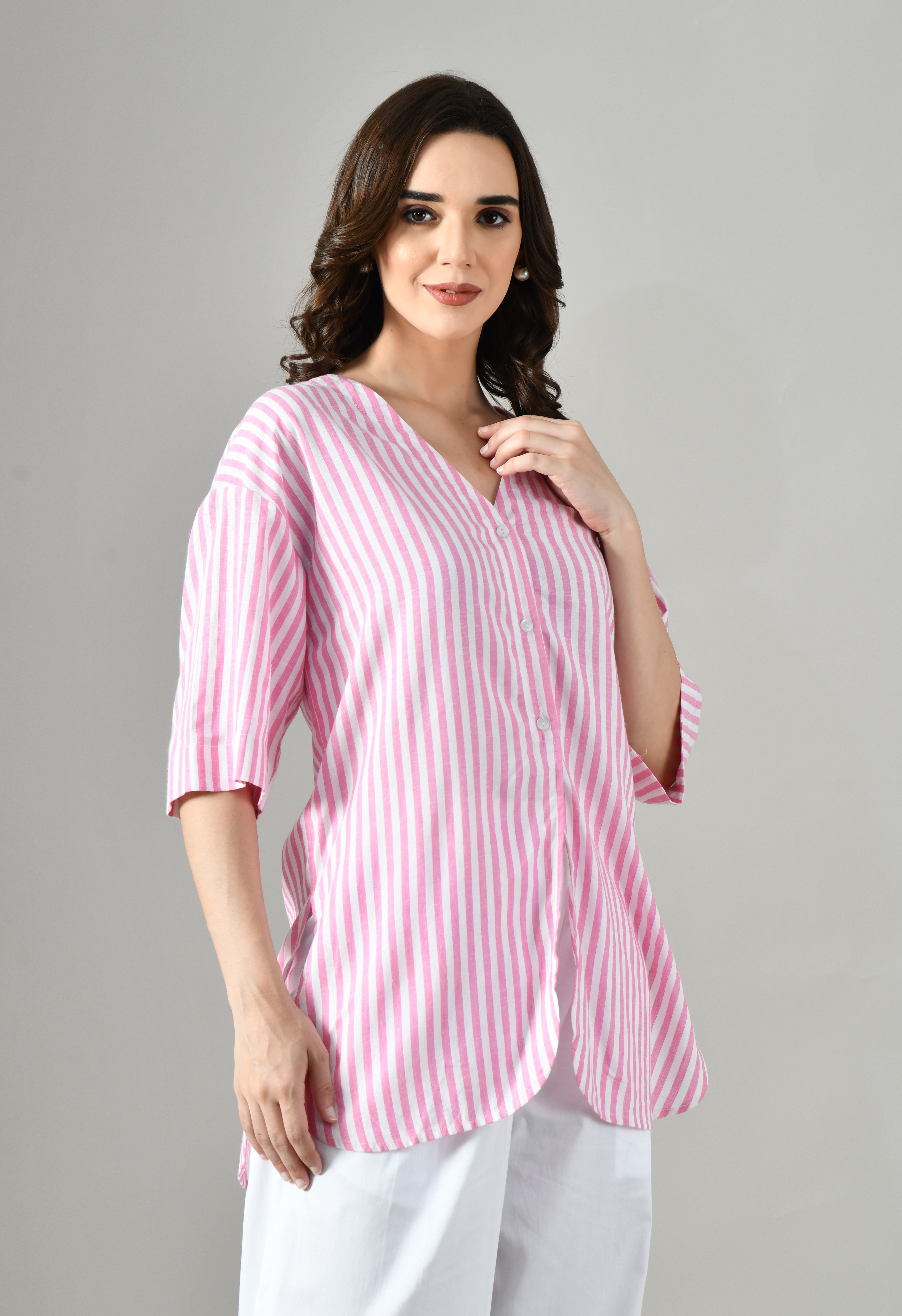 Women’s pink and white striped tunic – linen blend casual cotton shirt with half sleeves and relaxed fit for summer. 