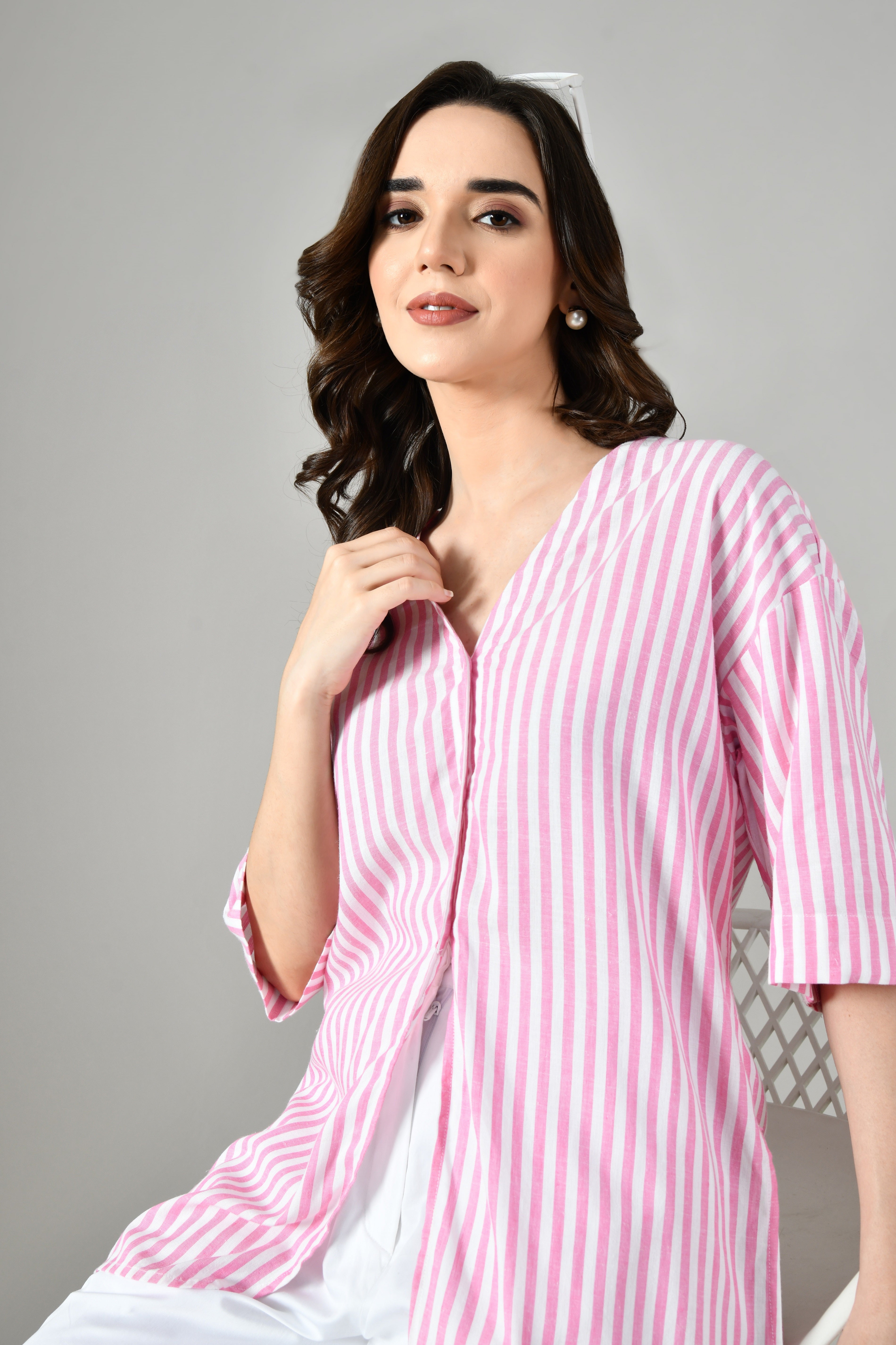 Pink stripe shirt for women–comfortable linen V-neck top with half sleeves,cotton shirt online from Isara Casual cotton Shirt
