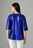 Shiny royal blue cowl neck lycra top for women with half sleeves, perfect evening party wear blouse
